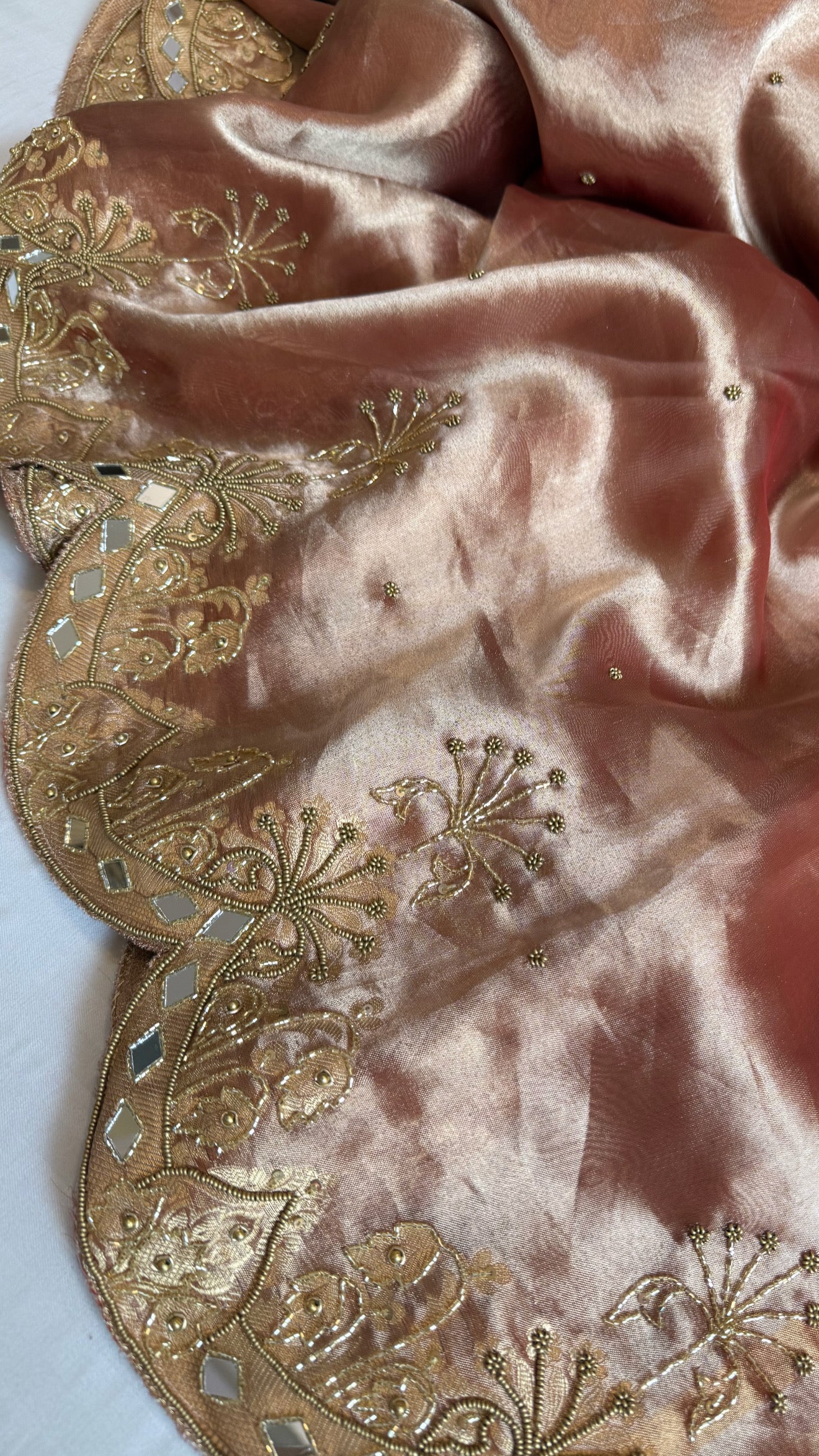 Husn cherry peach tissue silk heavy zardozi hand embroidered saree