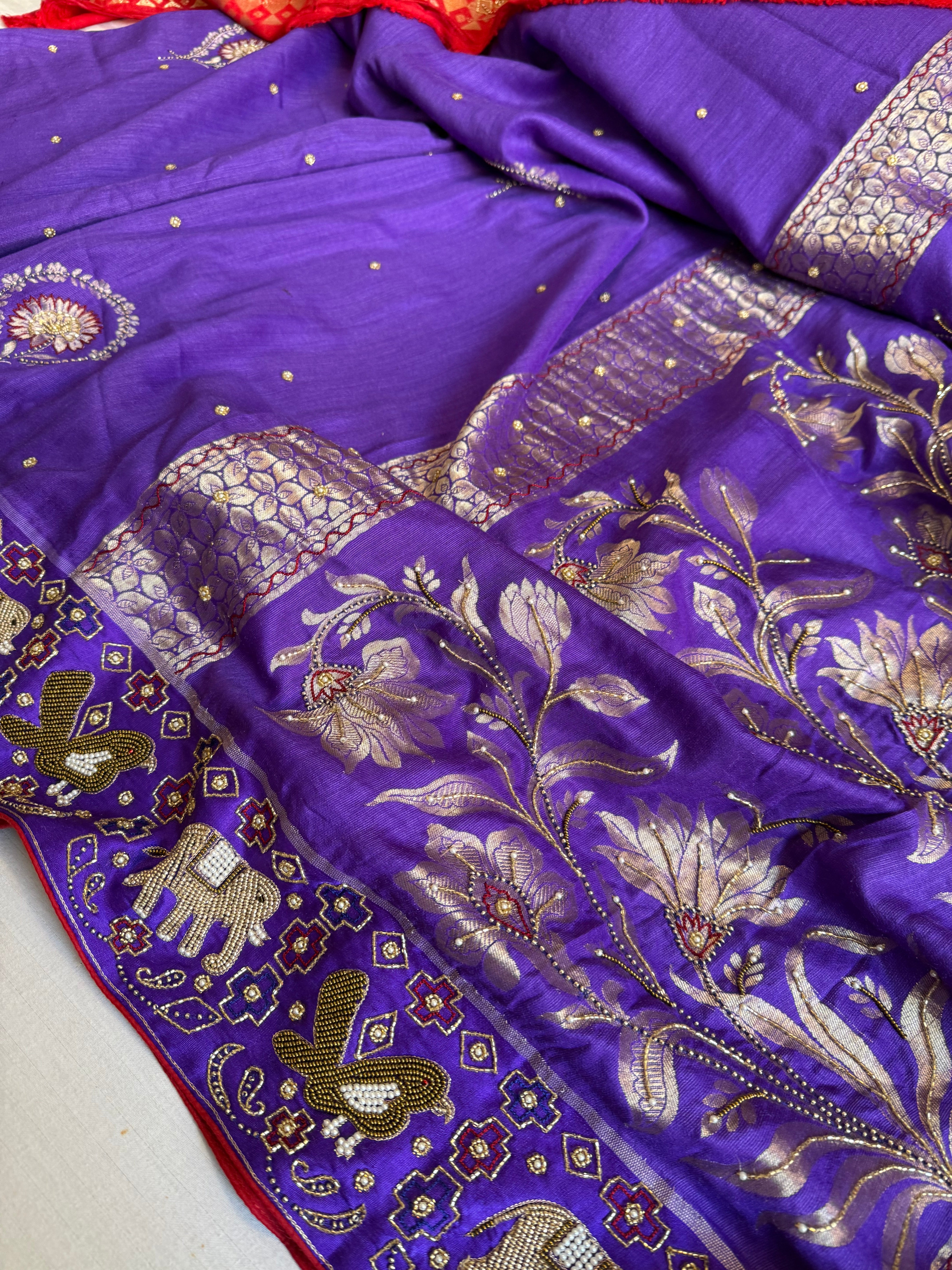 Moonga silk ikkat patola weaving inspired hand embroidered kadhwa saree