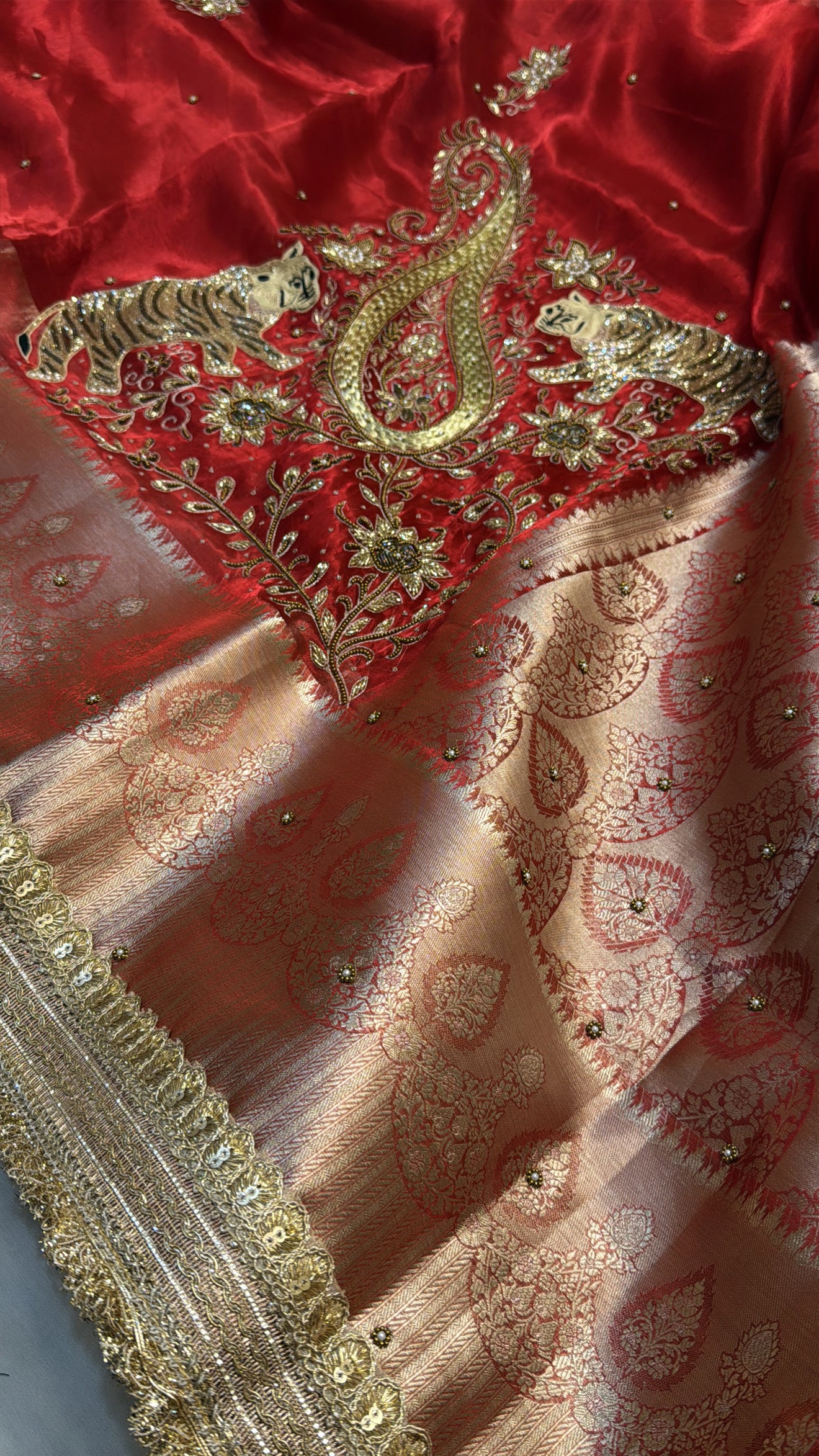 Dulhan ka joda husn red tissue silk hand embroidered saree