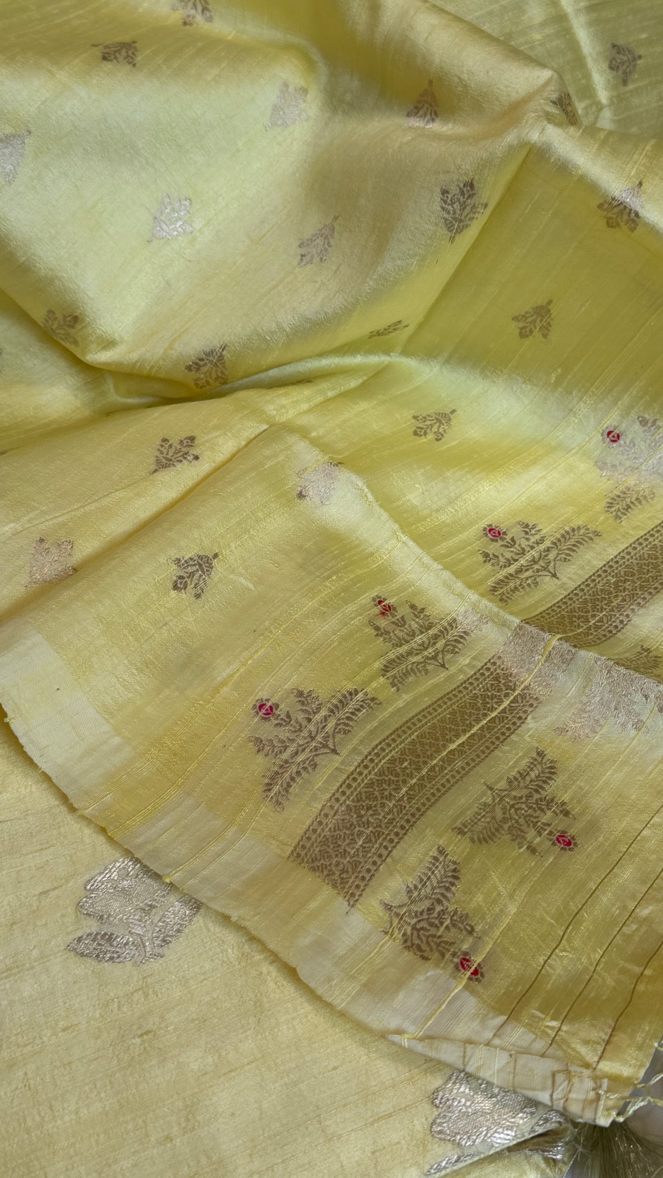 Lime yellow kadhwa raw silk meenakari banarasi suit sets
