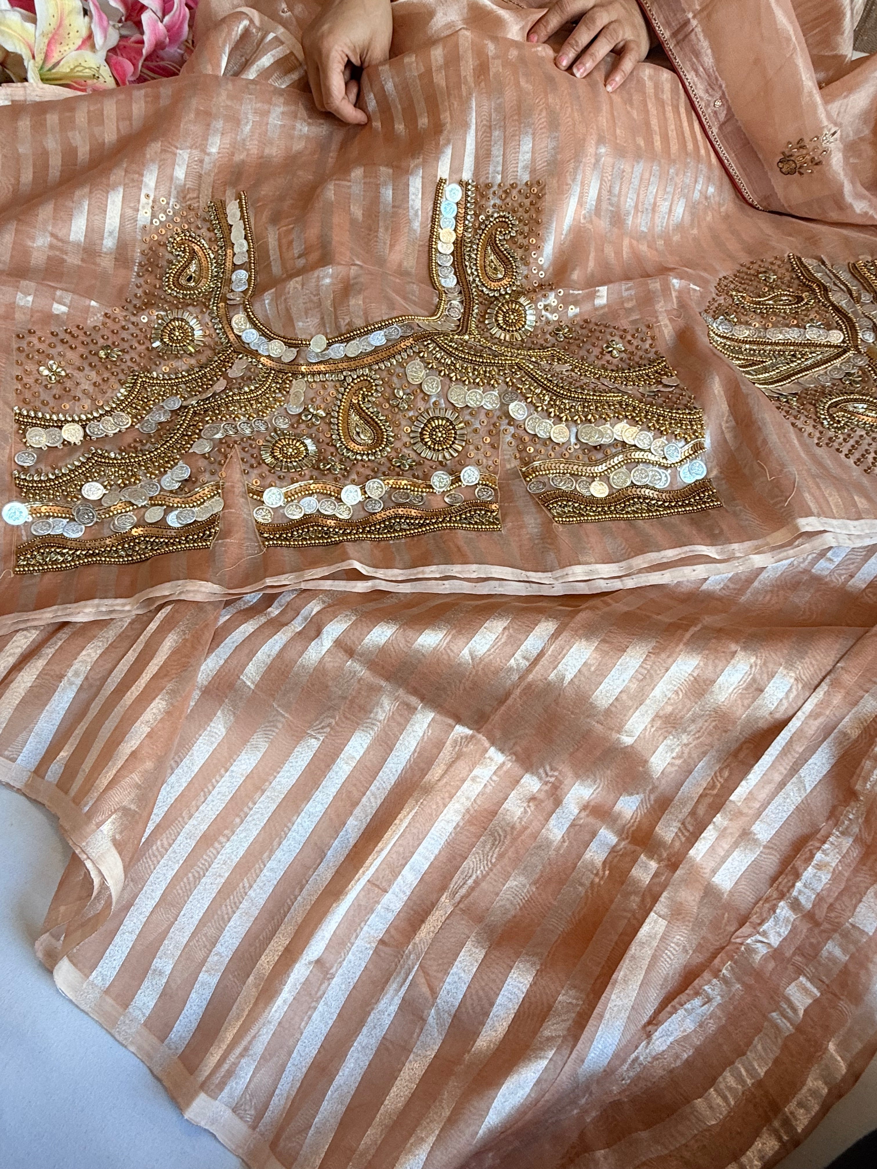 Kundan blouse edit -Rose peach tissue silk hand embroidered striped saree with jewellery blouse