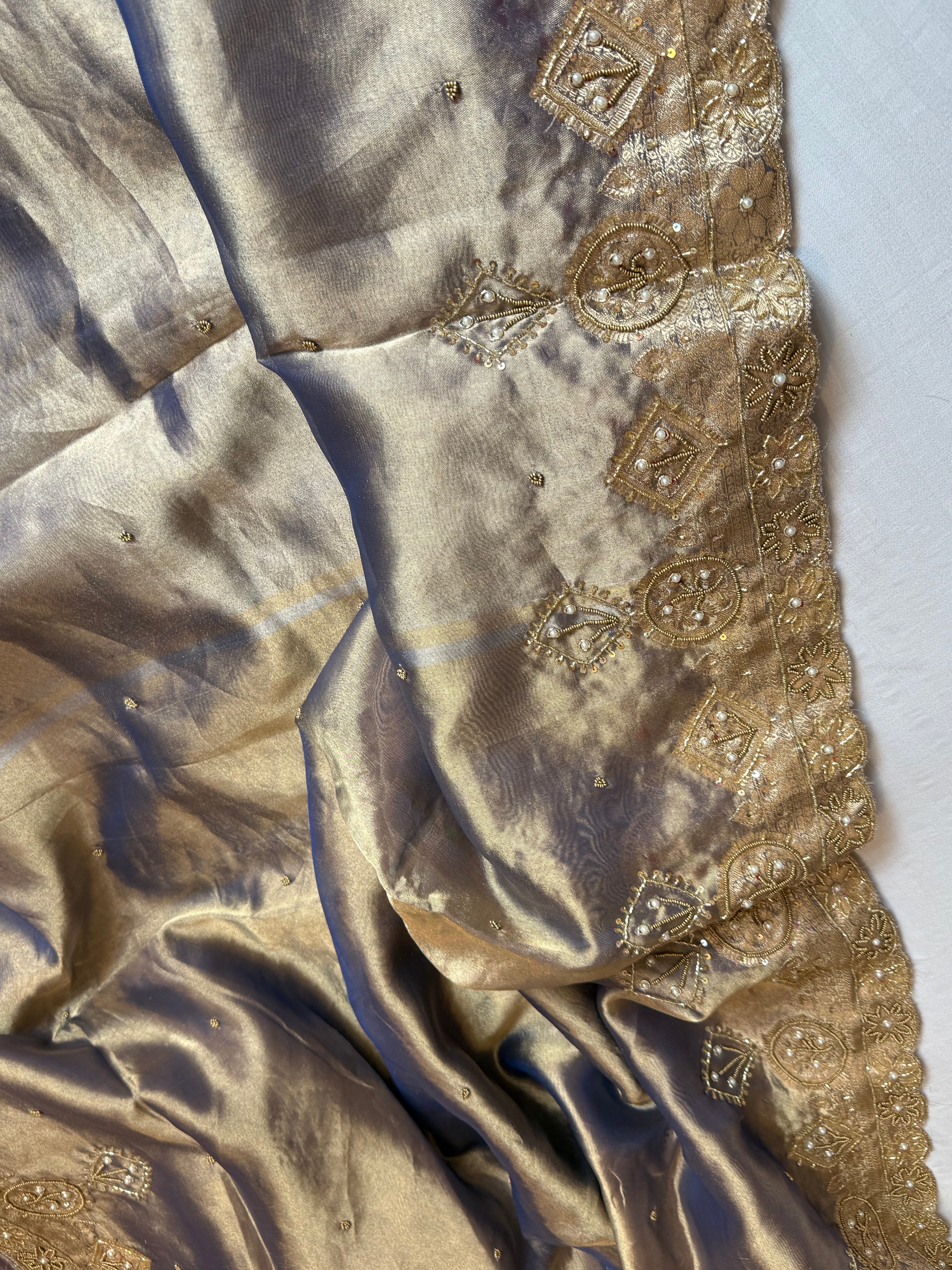 Husn persian blue tissue silk heavy hand embroidered zardozi saree