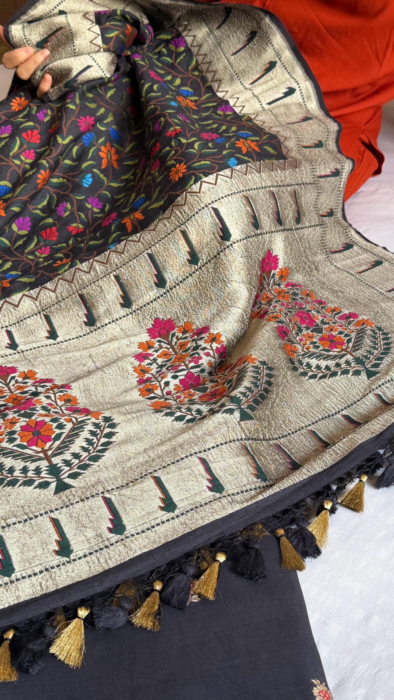 Black paithani meenakari moonga silk heavy jaal duppata paired with kadhwa buti kurta set