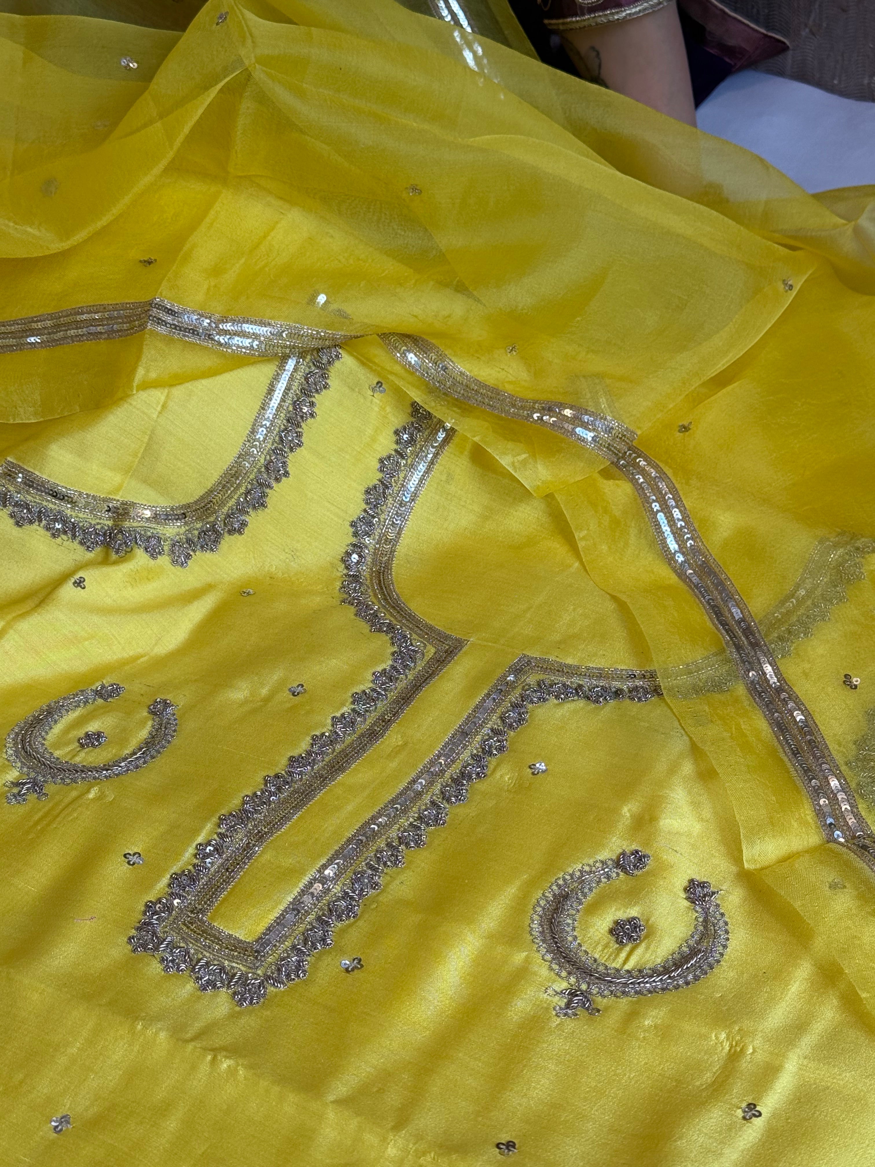 Nimbu yellow chand-buta chiniya silk kadhwa hand embroidered kurta paired with kora silk hand embroidered duppata set
