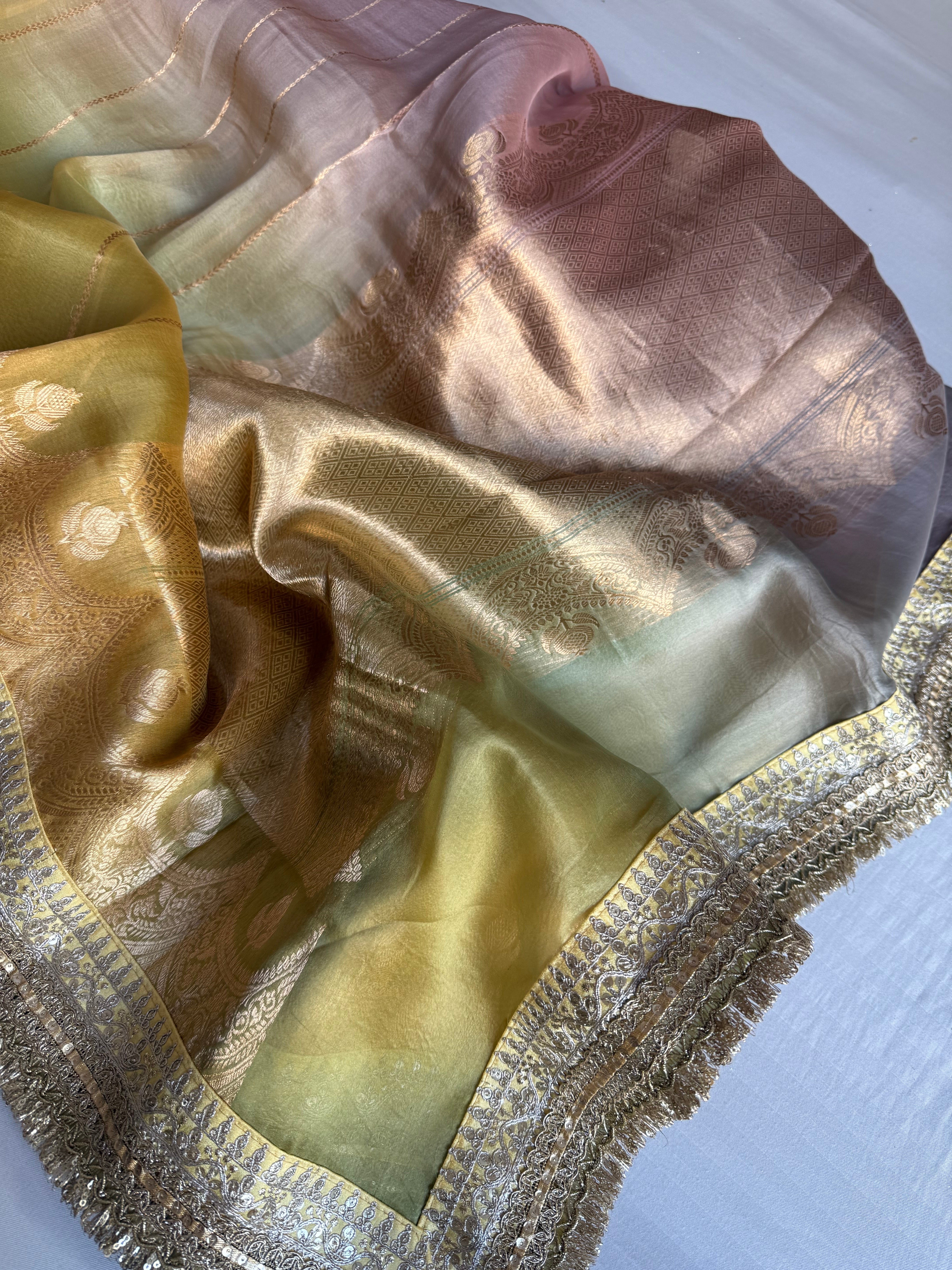 Rang-birangi banarasi kora silk multicoloured shaded kadhwa saree