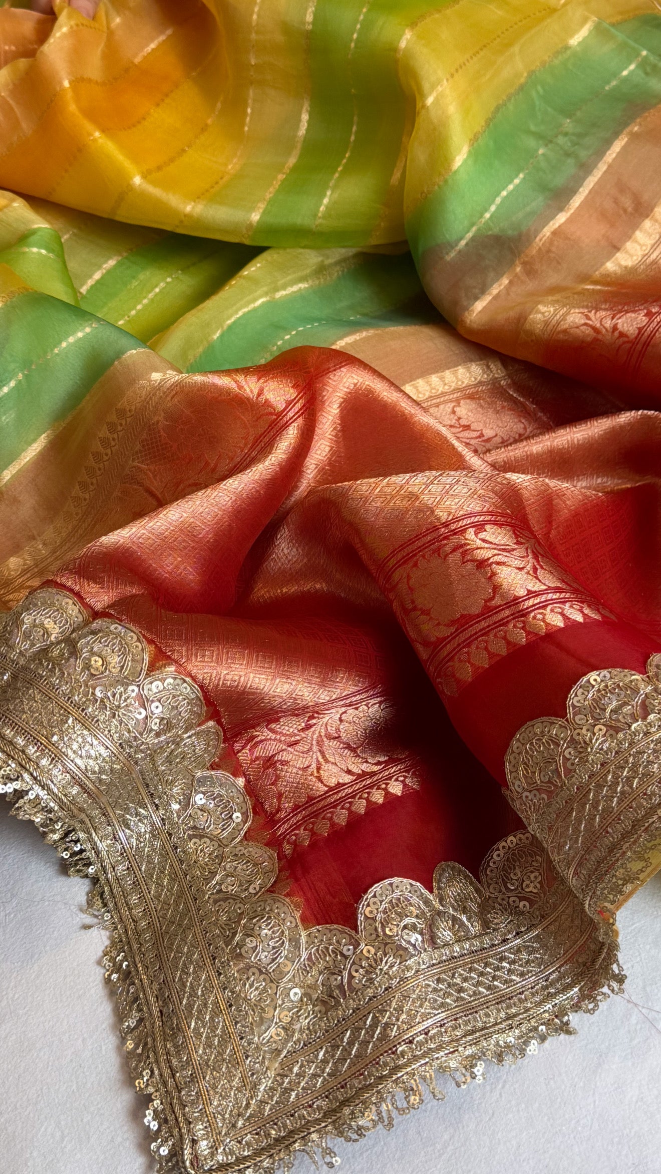 Rangeela edit kora silk striped rangkaat dye kadhwa banarasi saree