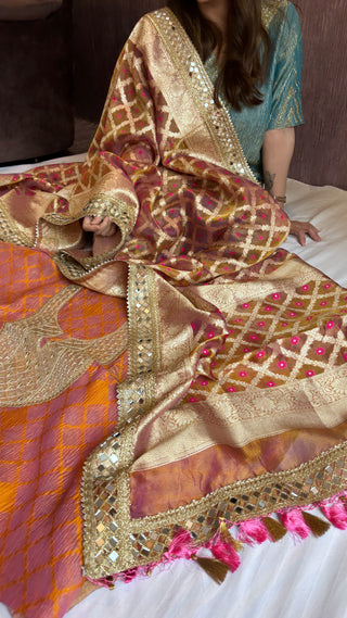 Garnet pink heeramandi mirror work crushed tissue silk suit set