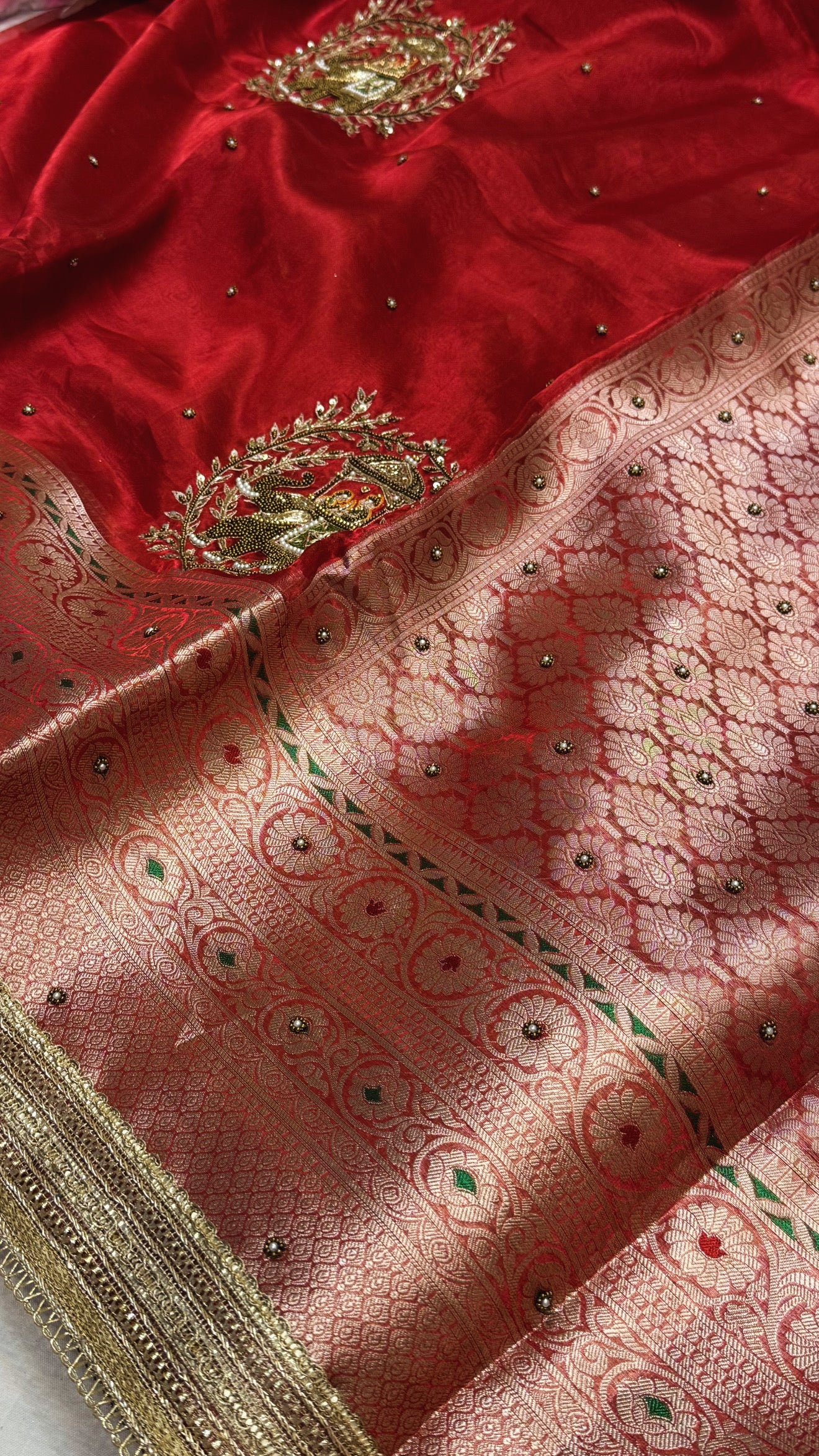 Karwachauth special - Blood red tissue silk baarat motif hand embroidered saree