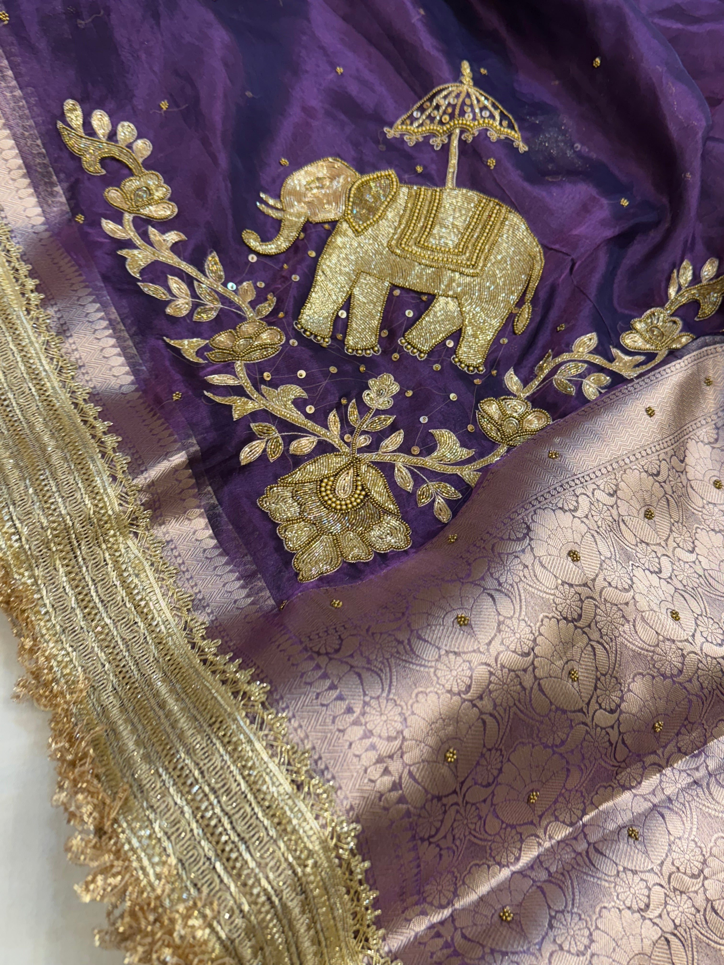 Dulhan ki maa wali sarees - Midnight purple elephant motif hand embroidered saree