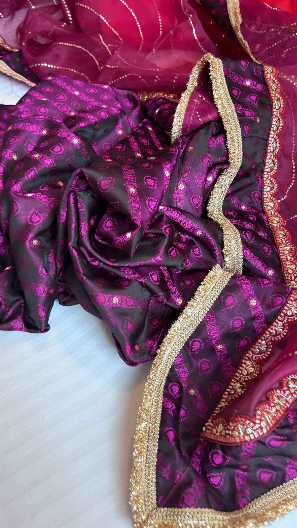 Falsa wine mashru tanchoi silk suit set with kora silk mukaish badla duppata set