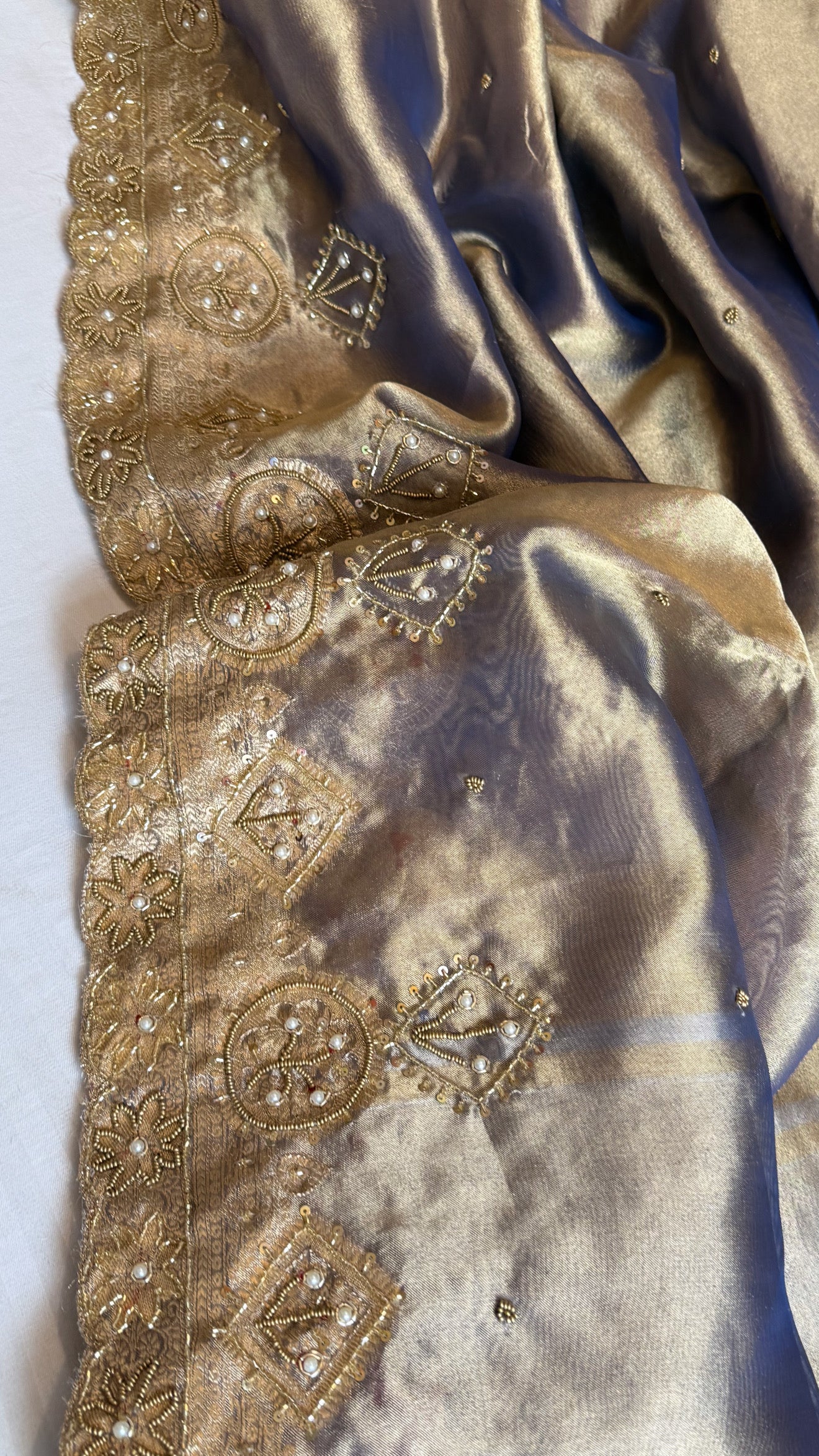 Husn persian blue tissue silk heavy hand embroidered zardozi saree