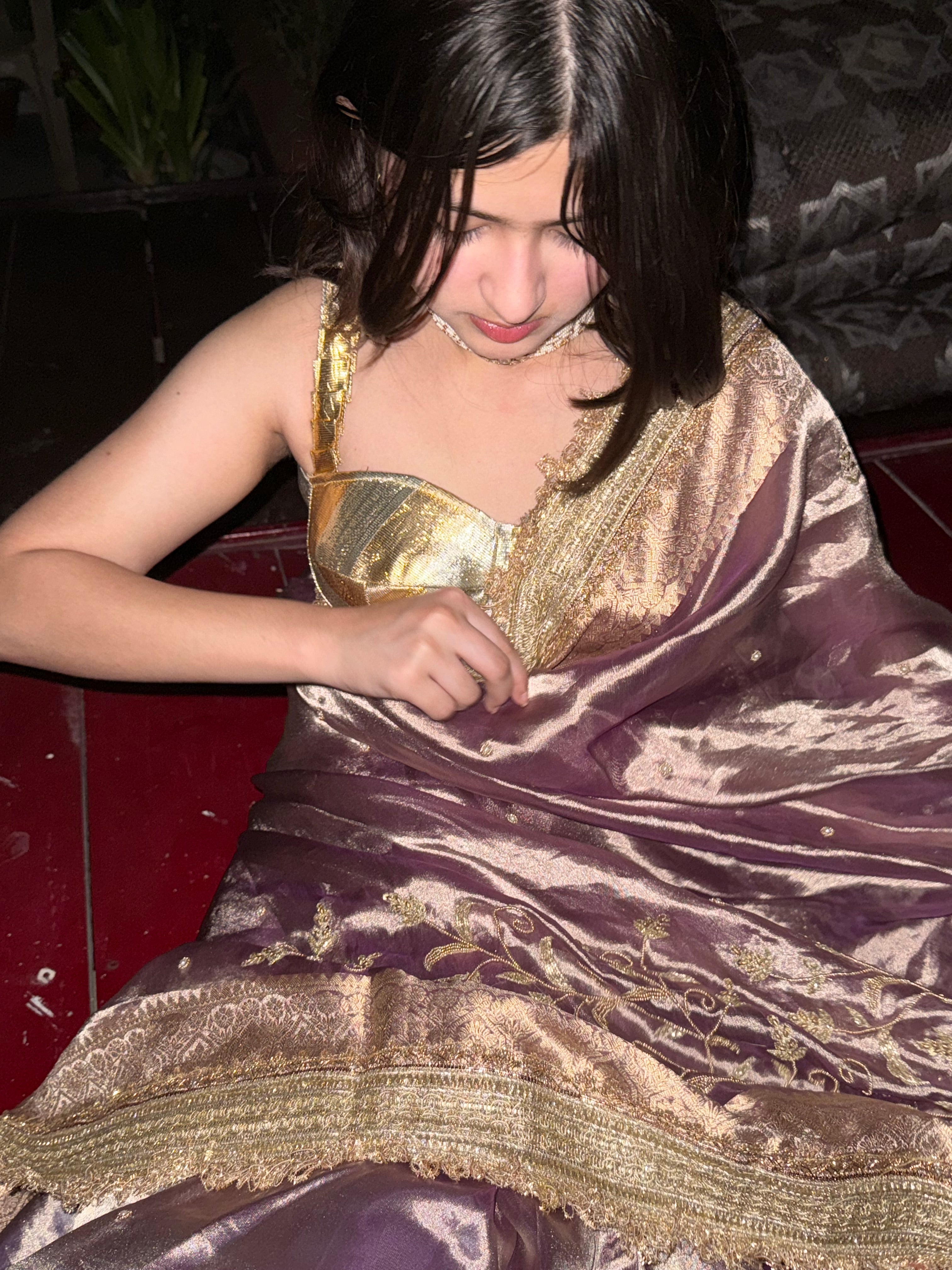 Cocktail wali saree - Dusty lavender tissue silk heavy hand embroidered saree