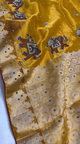 Varmala wali sarees - Haldi yellow elephant motif tissue silk heavy hand embroidered saree