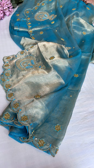 Husn sea blue tissue silk saree