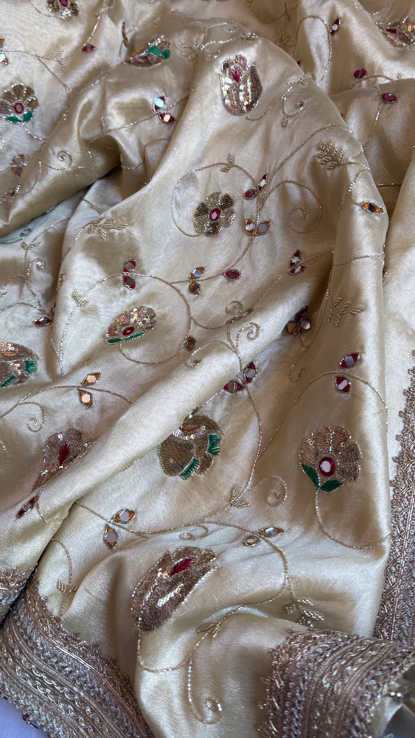 Mirror work edit - Tussar gold heavy mirror work jaal hand embroidered saree