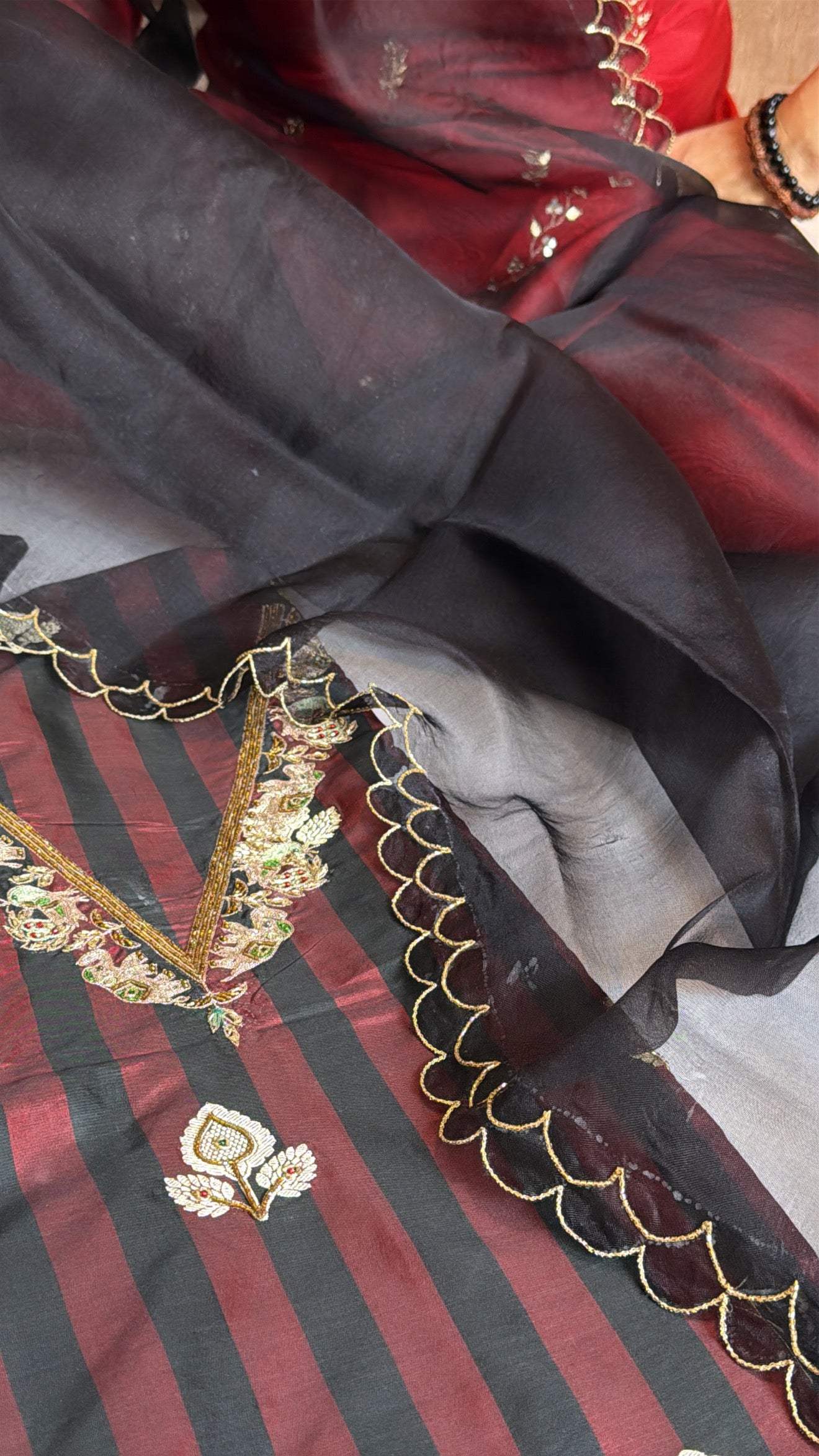 Black-red dhup chao effect katan silk striped kurta paired with Kora silk duppata set