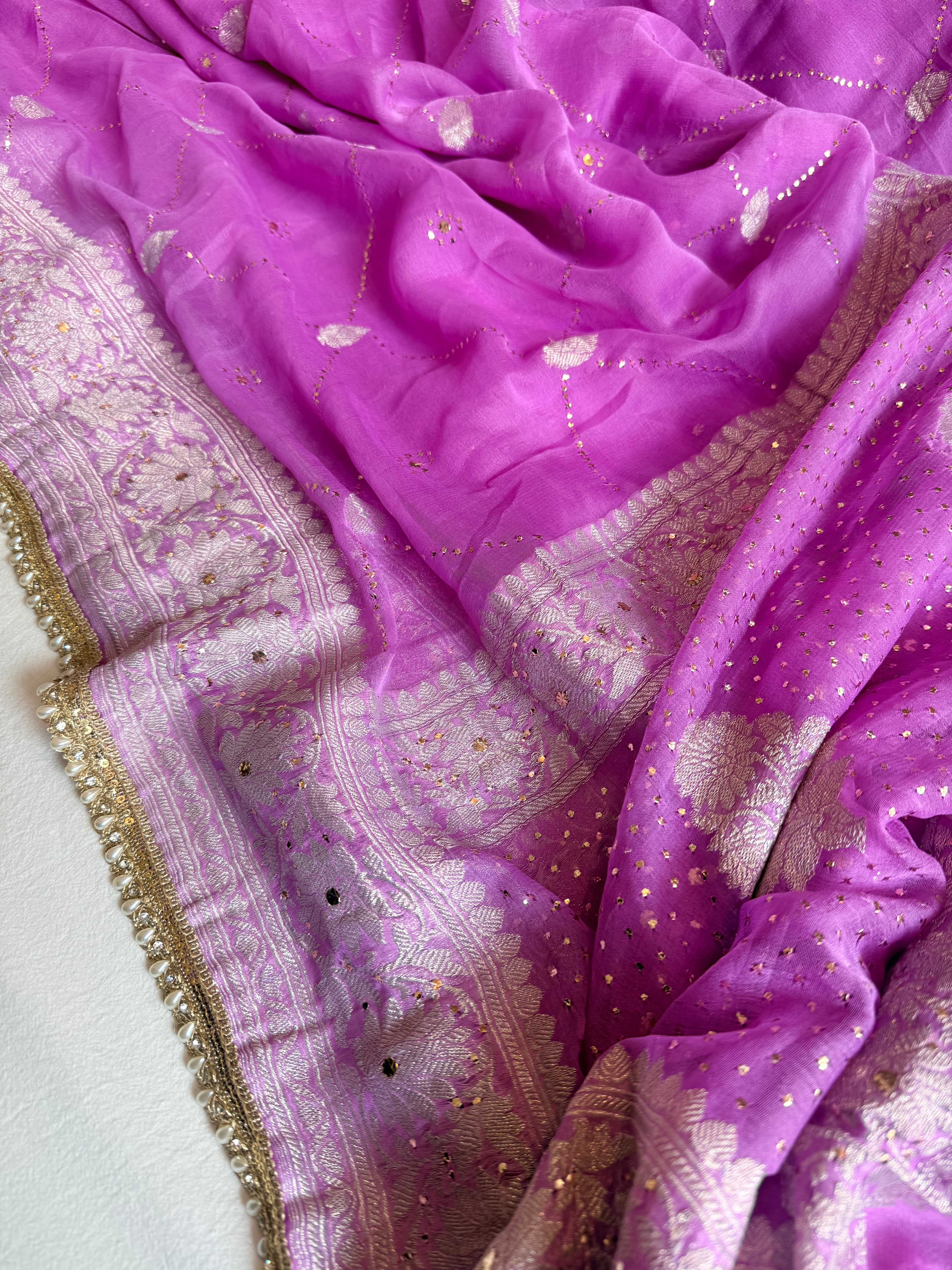 Chiffon gorgette banarasi violet mukaish work hand embroidered saree