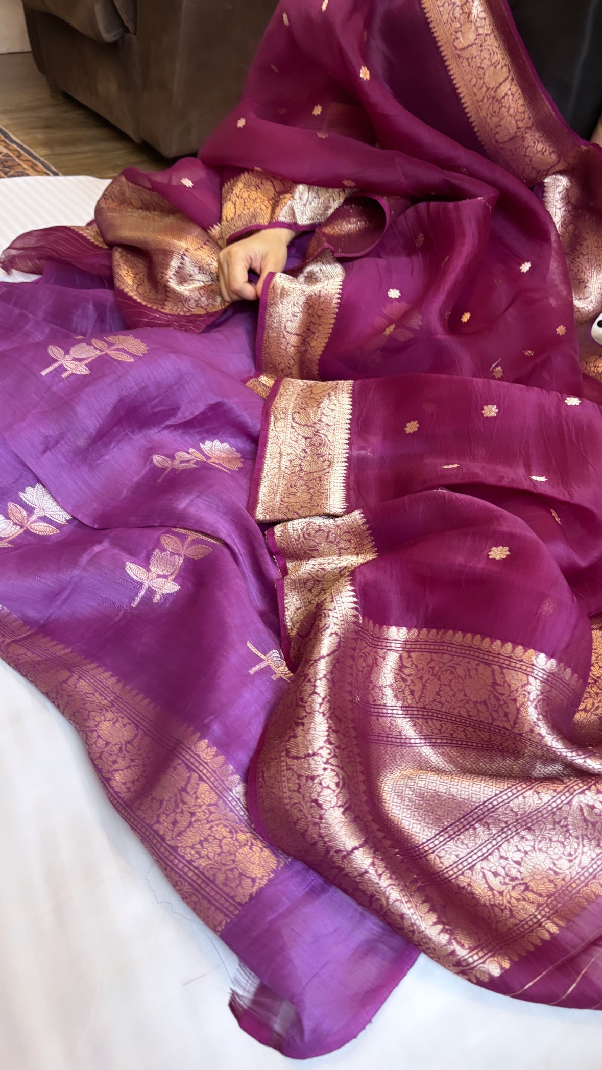 Purple linen gorgette kadhwa buti suit set with kora silk kadhwa duppata