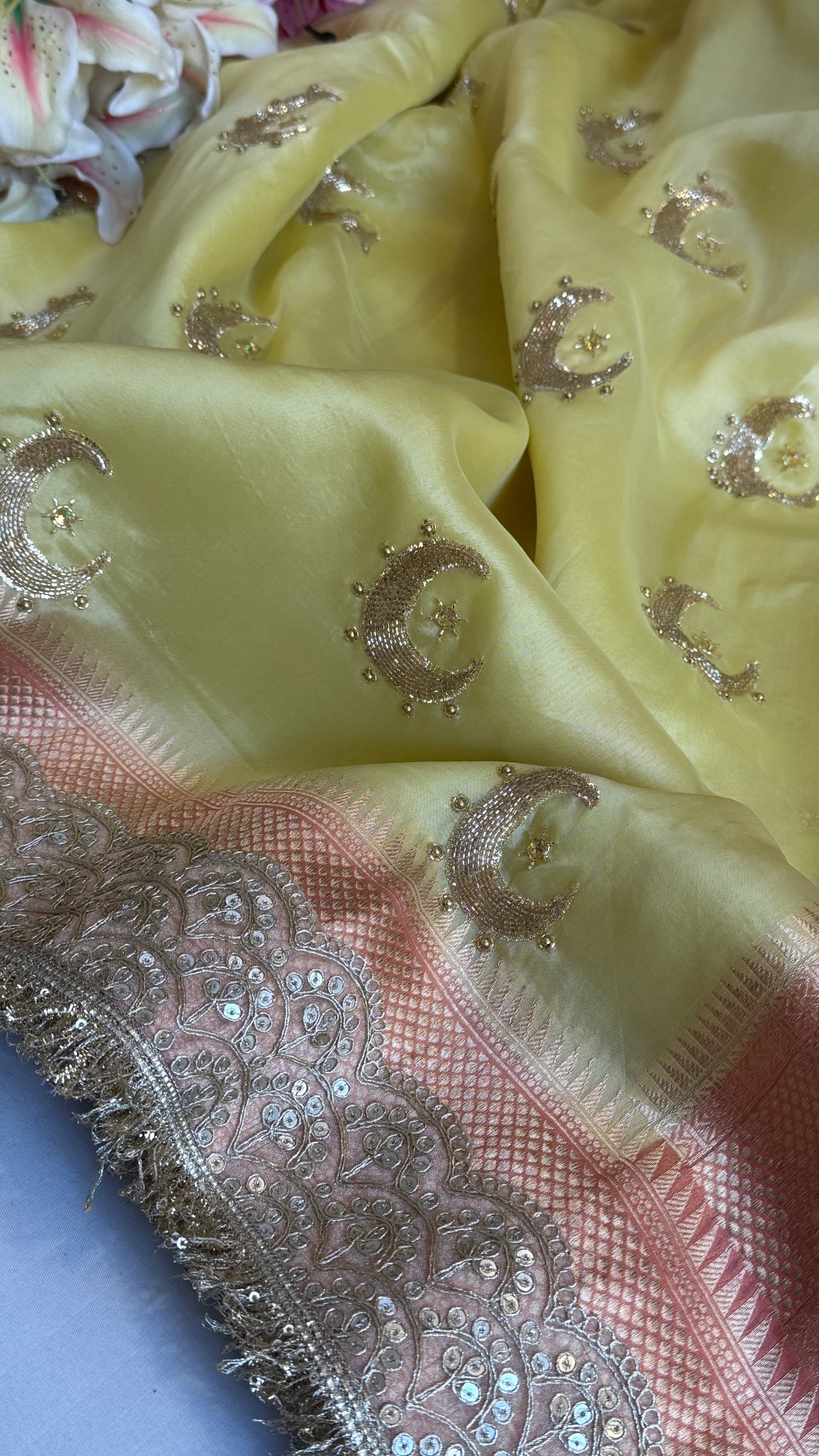 Sufi night edit - Lime yellow - peach kora silk banarasi chandtara buta hand embroidered kadhwa saree