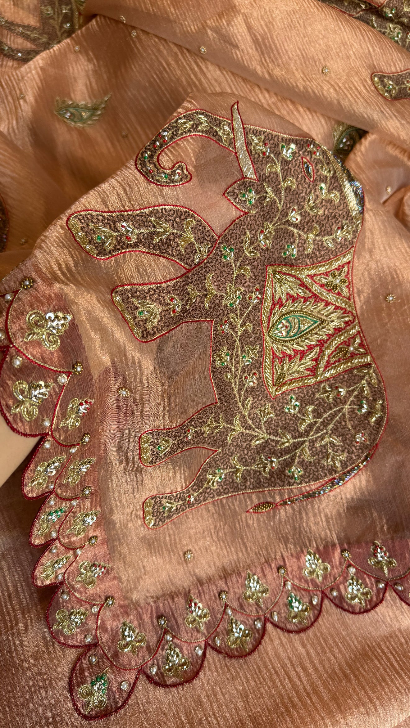 GajGamini crushed copper tissue silk elephant motif heavy hand embroidered meenakari work saree