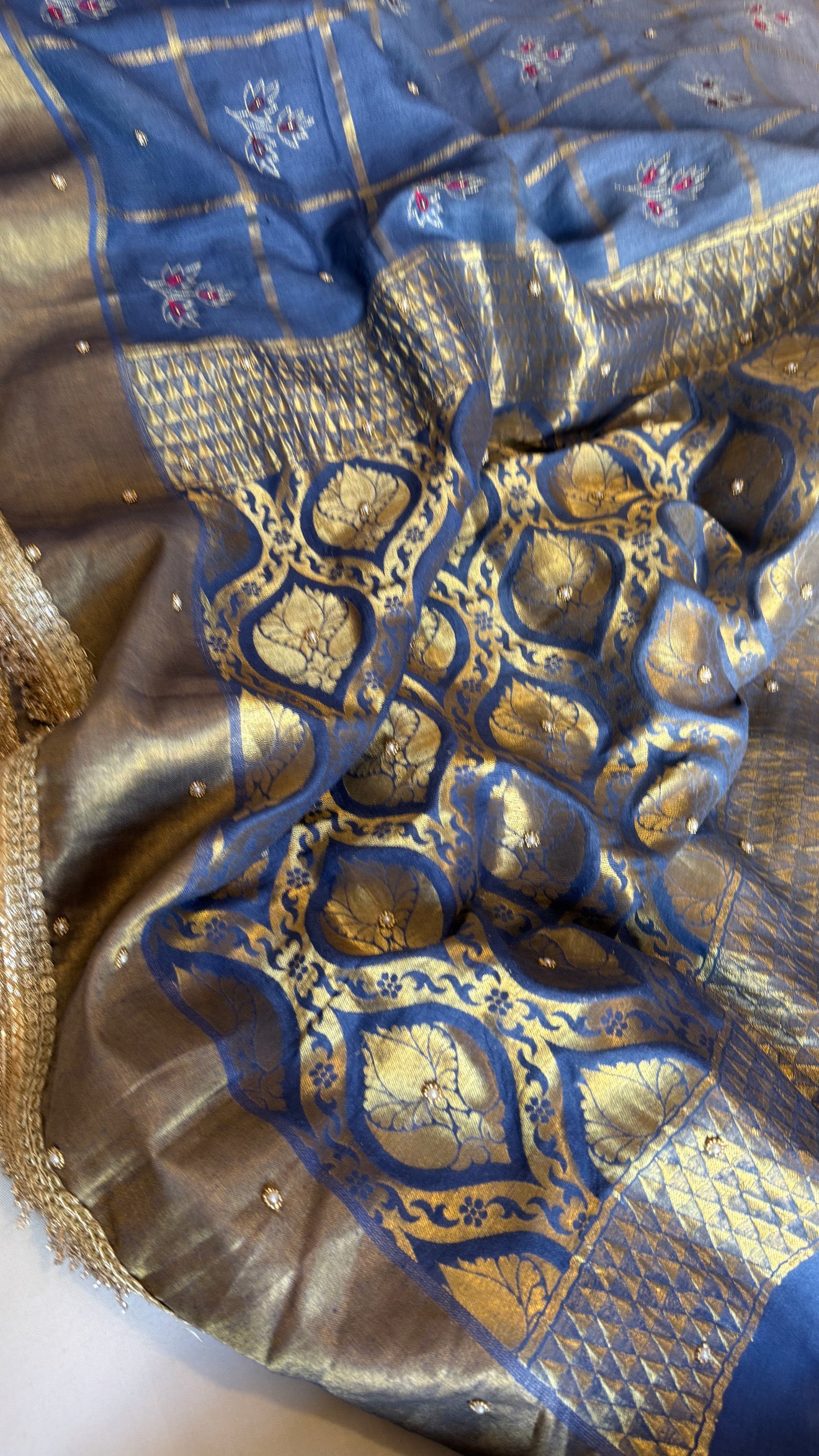 Mastani edit - Aqua blue ombre shaded moonga silk kadhwa hand embroidered saree