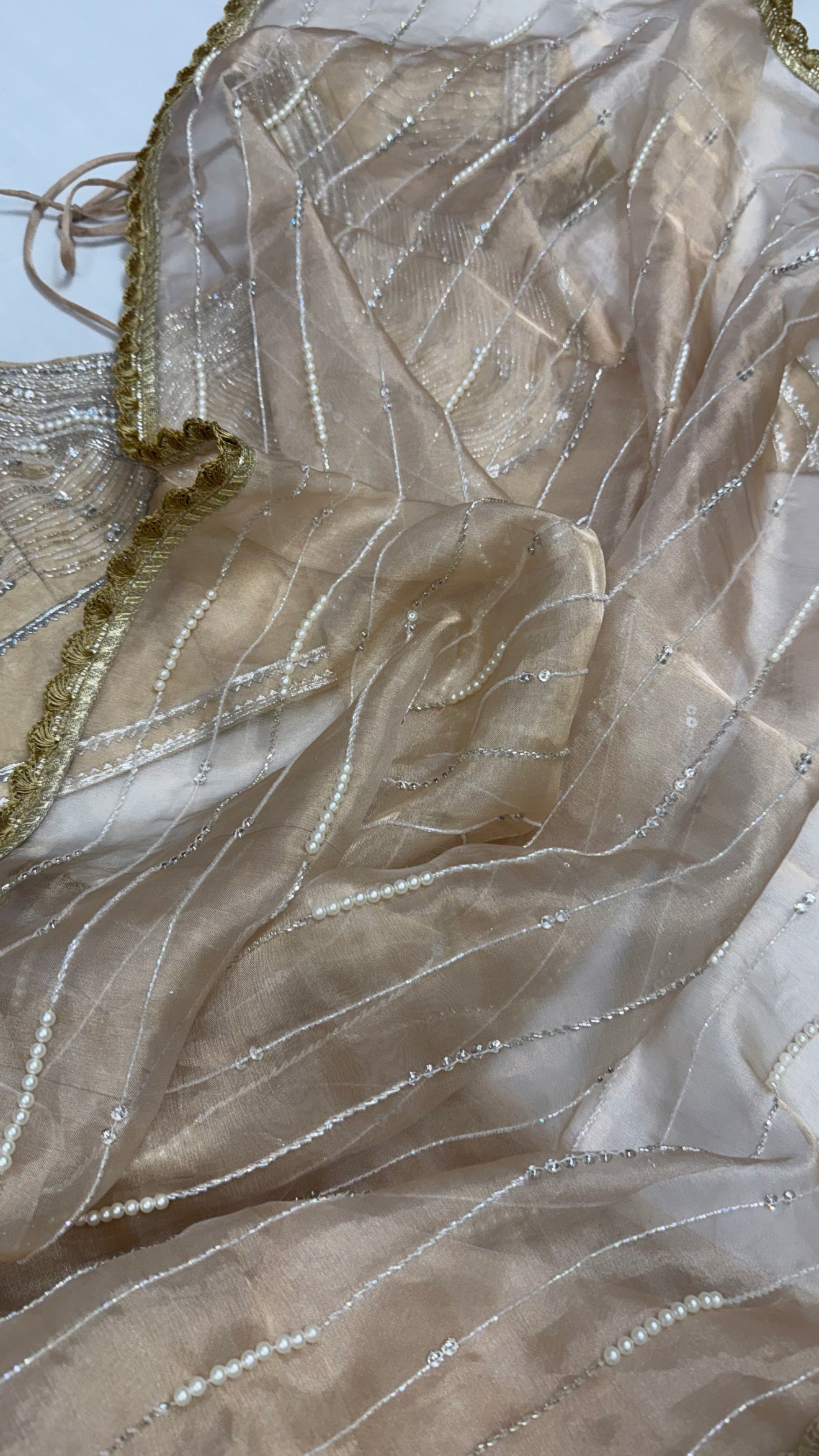 Suhana khan inspired golden pearl work heavy hand embroidered tissue silk saree