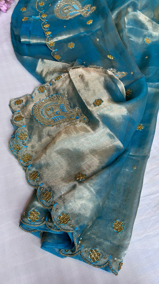 Husn sea blue tissue silk saree