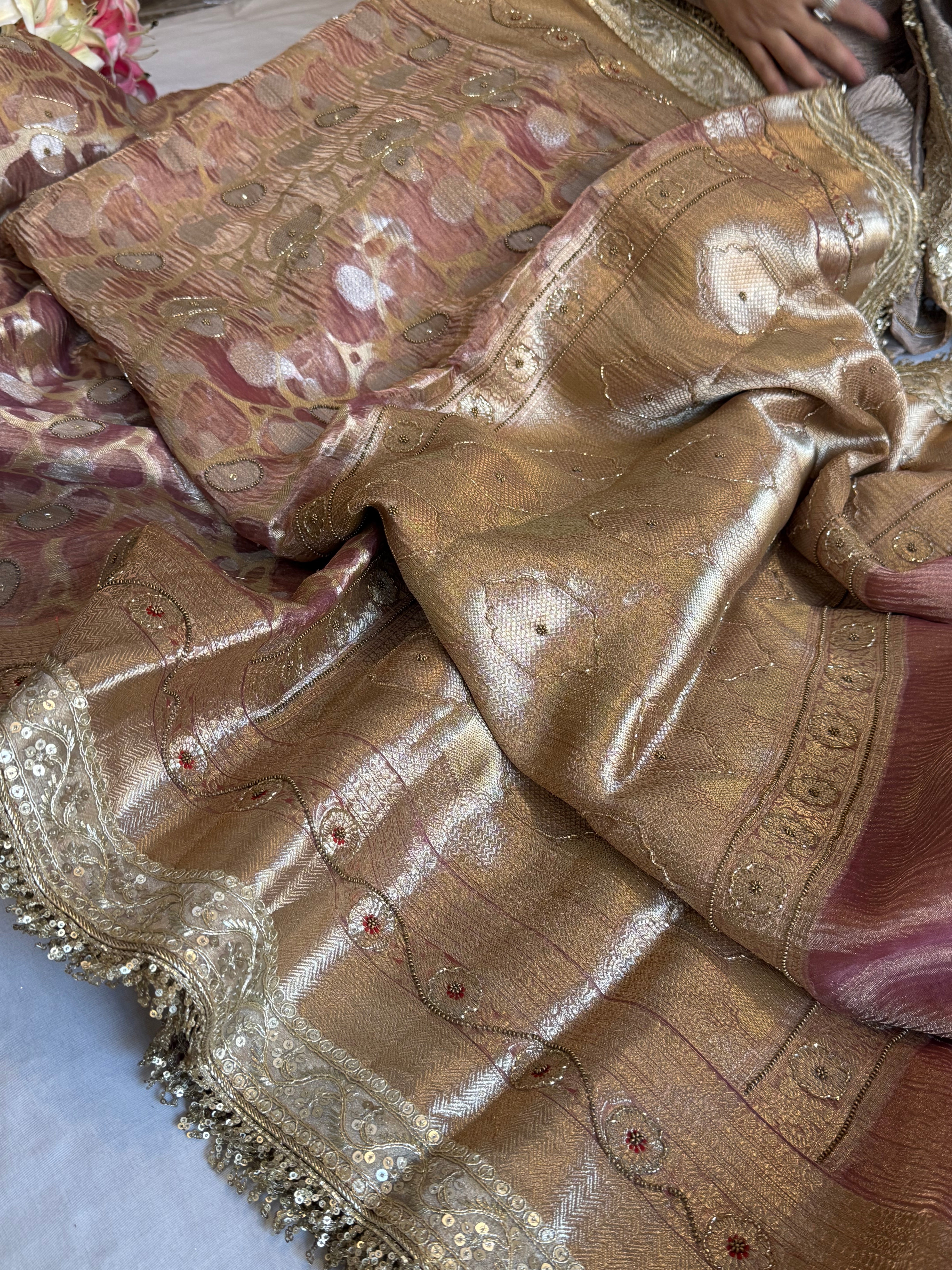 Mehfil sona rupa crushed tissue silk hand embroidered kadhwa saree