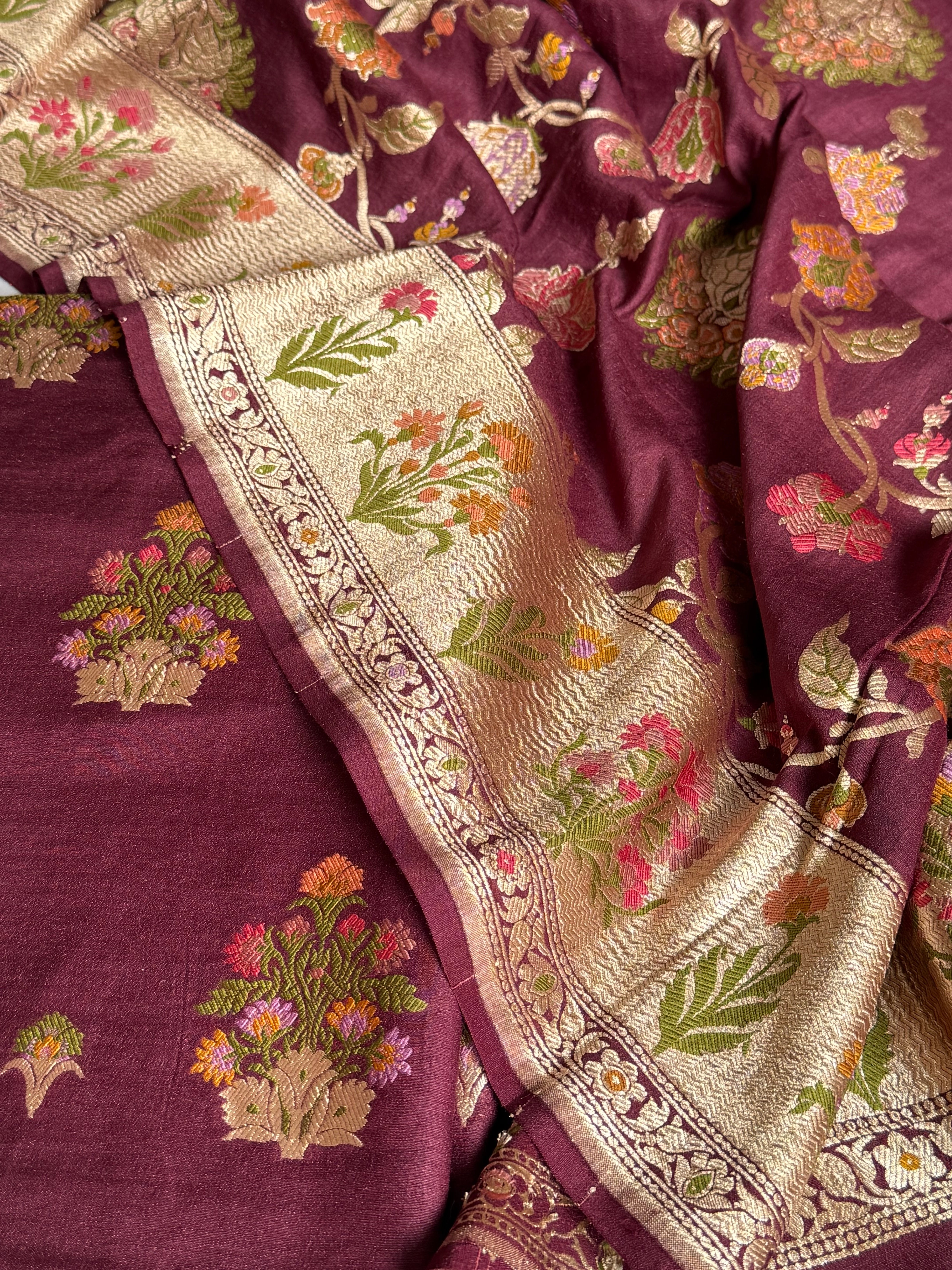 Bergundy moonga silk kadhwa meenakari jungla suit set