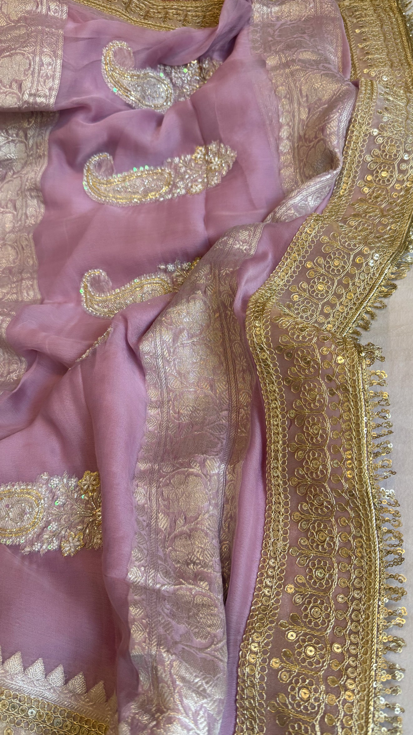 Paro banarasi chiffon gorgette hand embroidered kadhwa saree