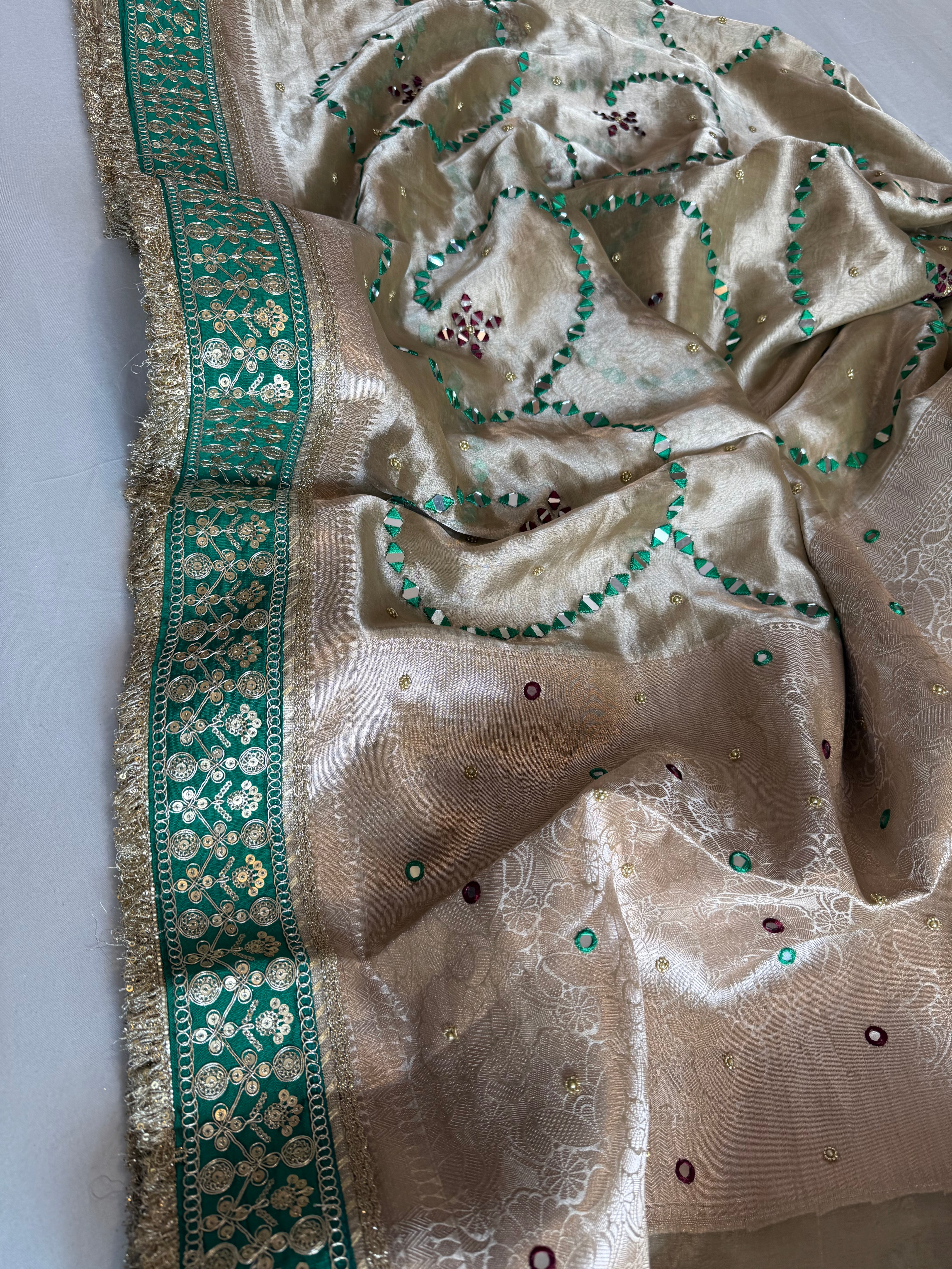 Sheesham edit - Heavy double tissue silk mirror work hand embroidered saree