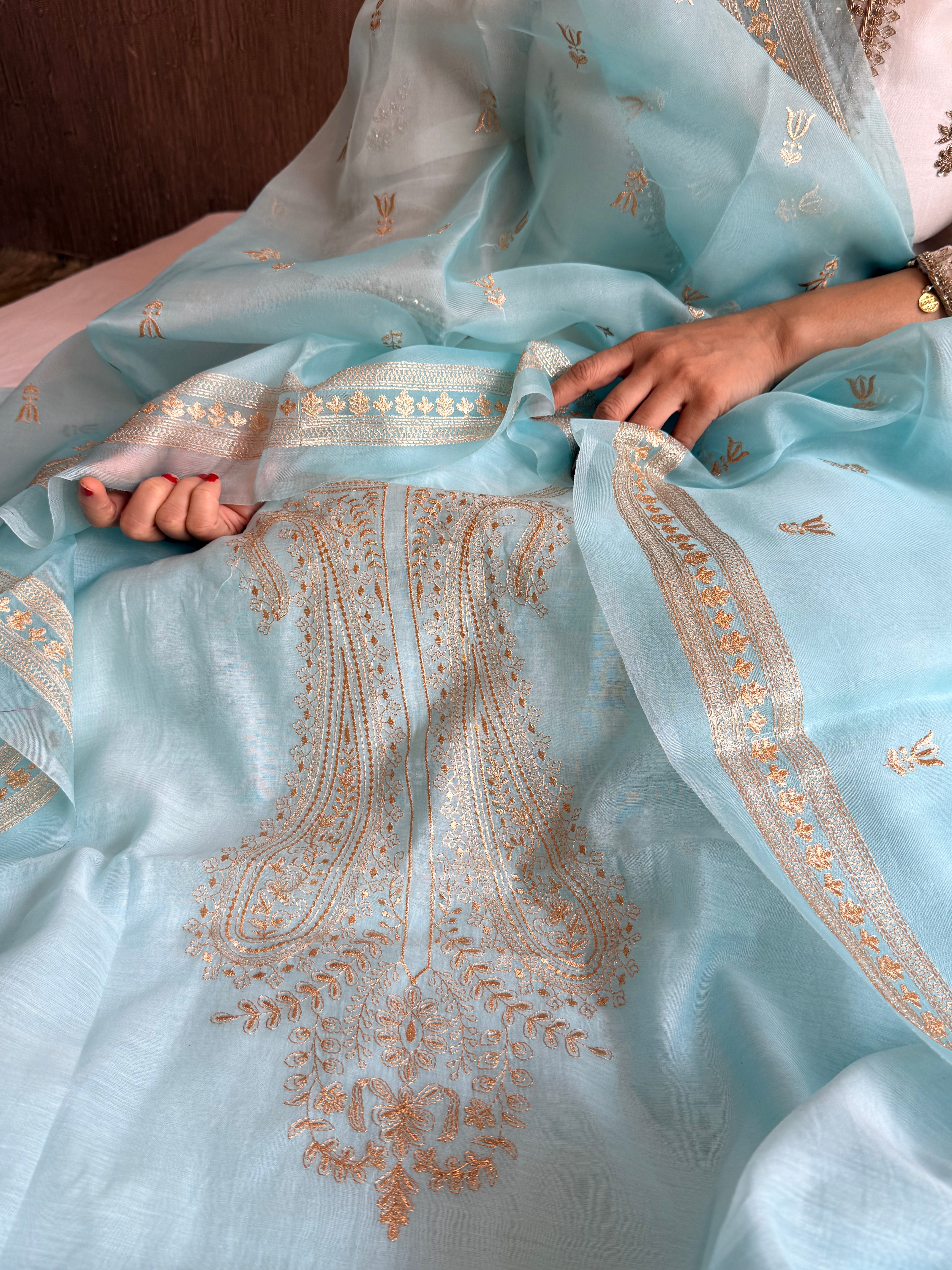 Mul cotton aariwork hand embroidered banarasi suit set