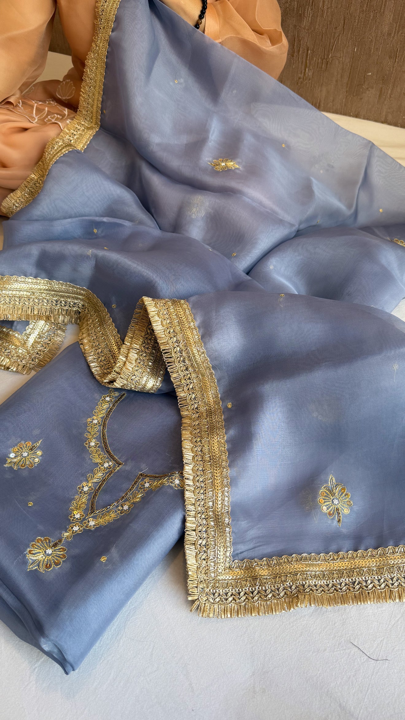 Aari and tilli hand embroidered kora silk marine blue kadhwa suit set