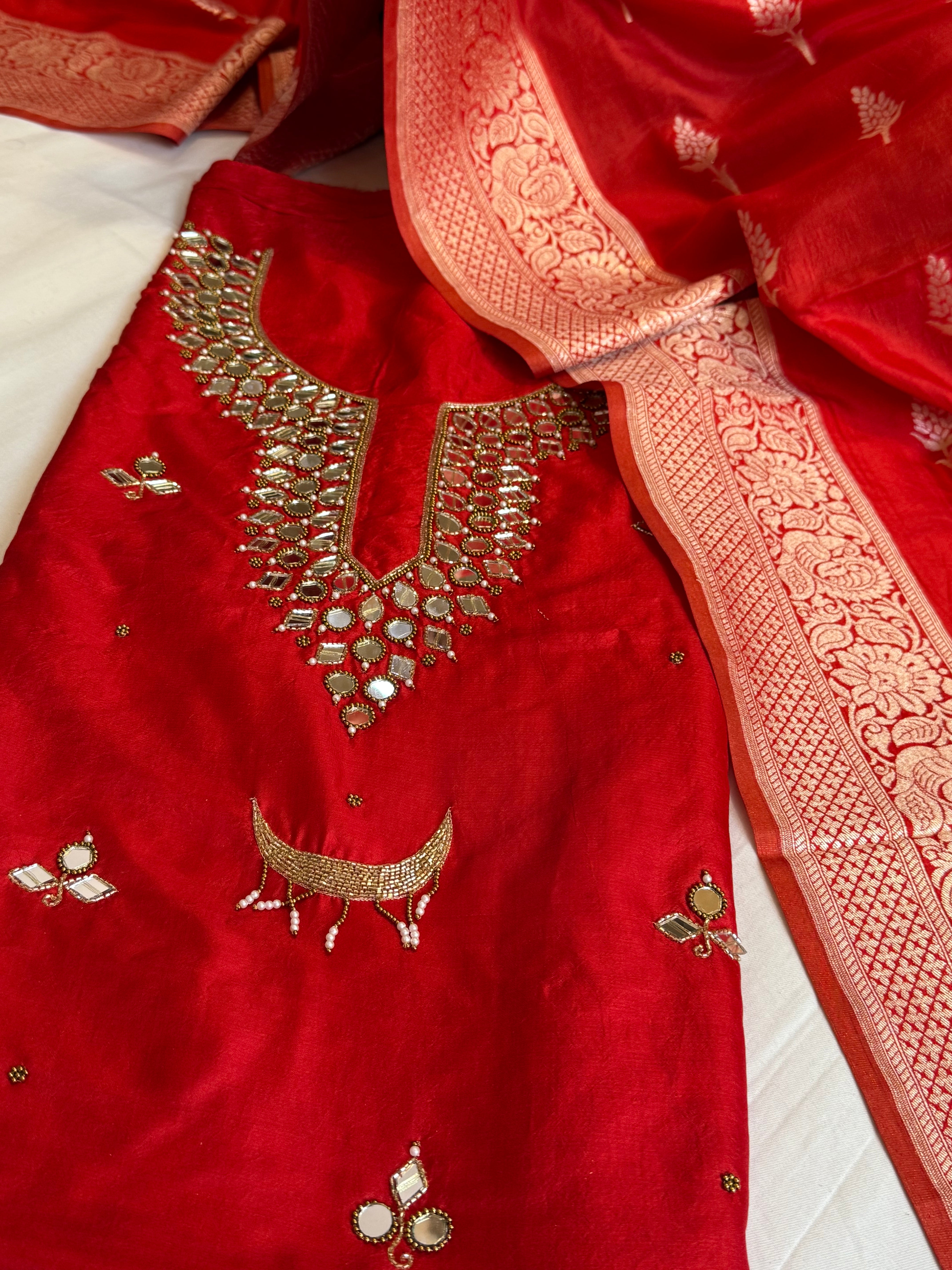 Sheesham blood red mirror work hand embroidered katan silk suit set
