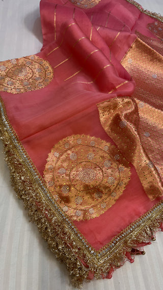 Peachy peach sitara kora silk stonework saree