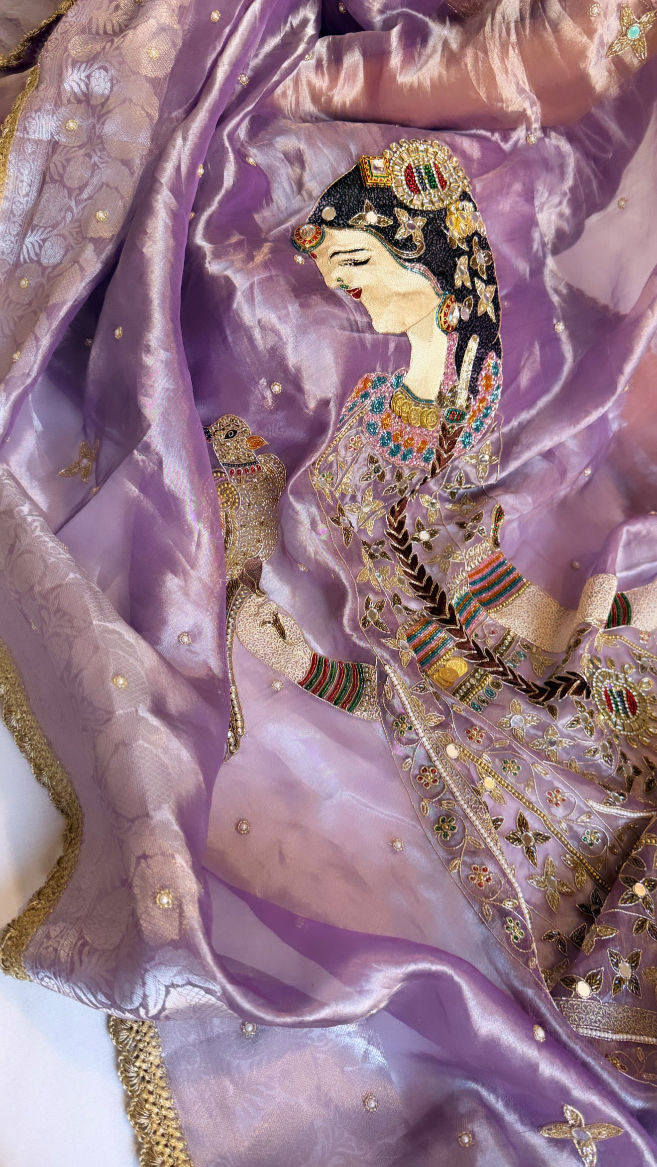 Heer saree with jadau necklace work hand embroidered tissue silk lilac saree