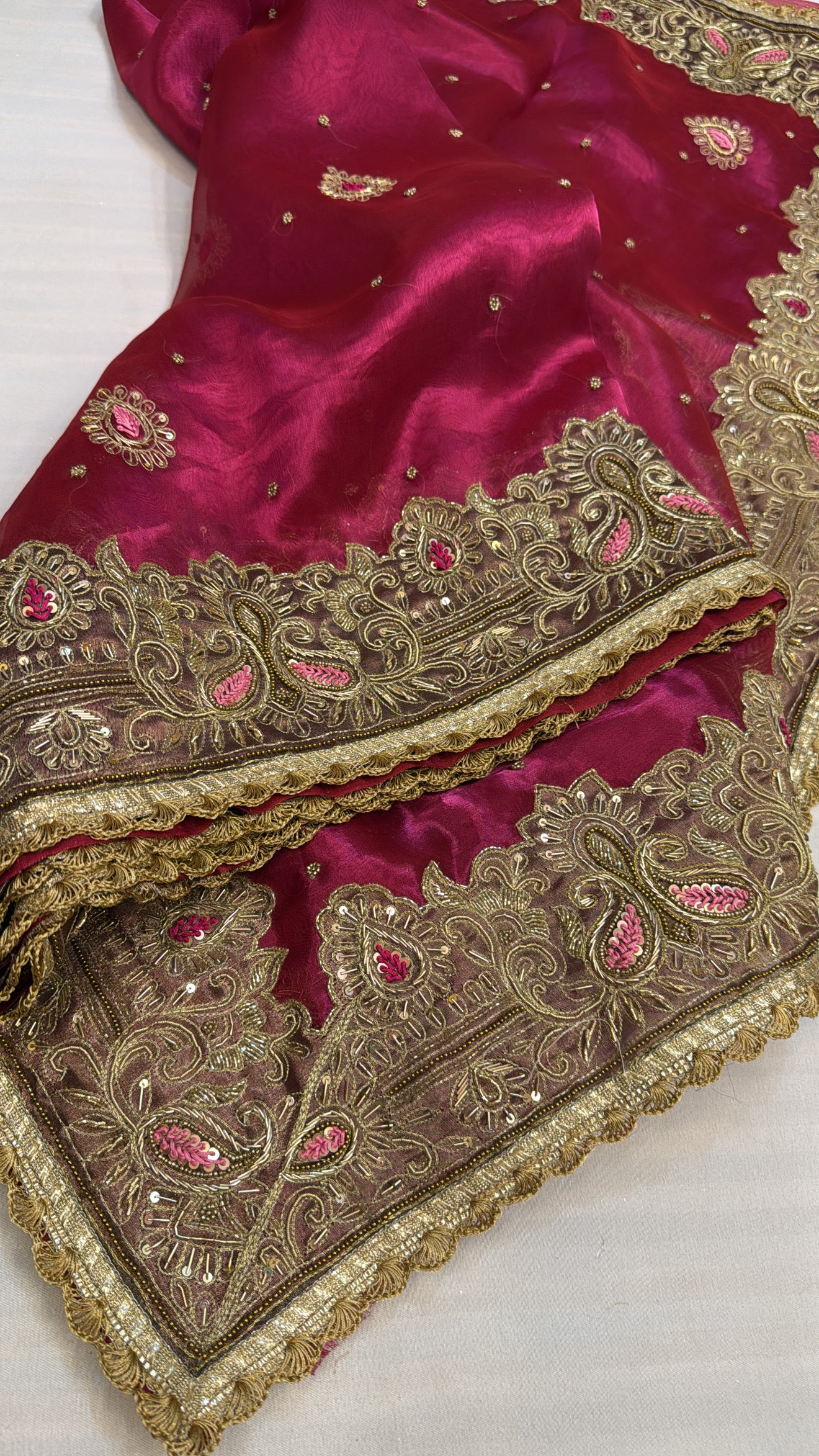Husn metallic pink heavy zardozi border tissue silk hand embroidered saree