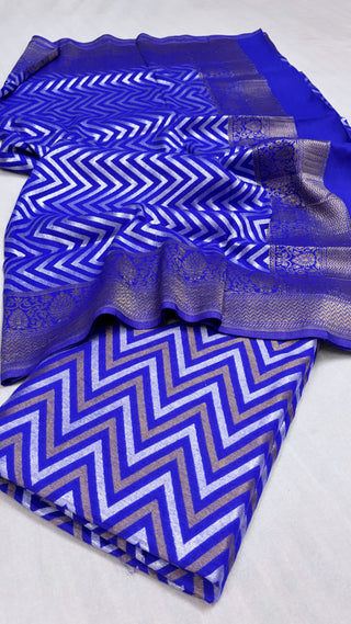 Ink blue chevron weaving moonga silk kadhwa suit set