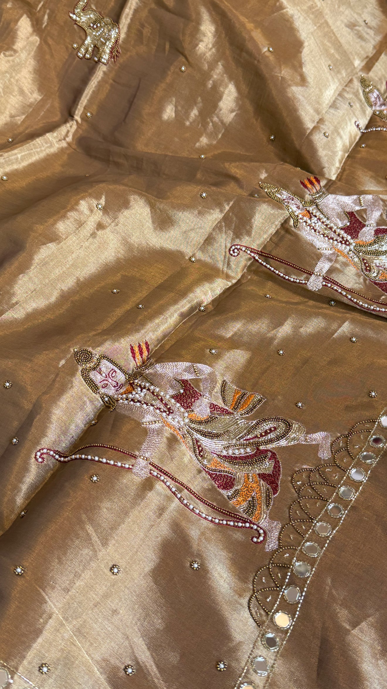 Satin tissue silk soft antique gold hand embroidered kadhwa saree