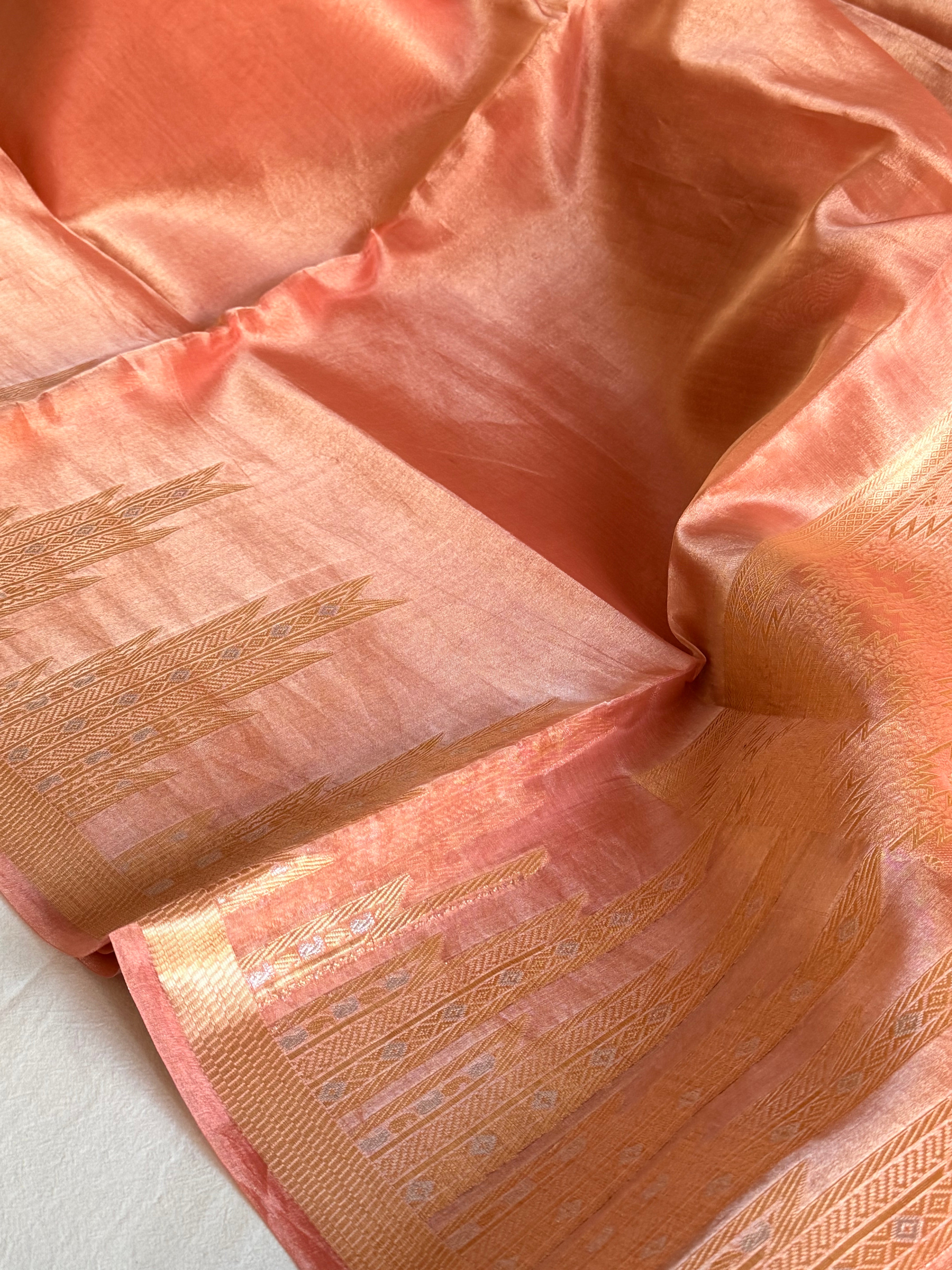 Below 10k - Temple border tissue silk dhup chao effect kadhwa saree