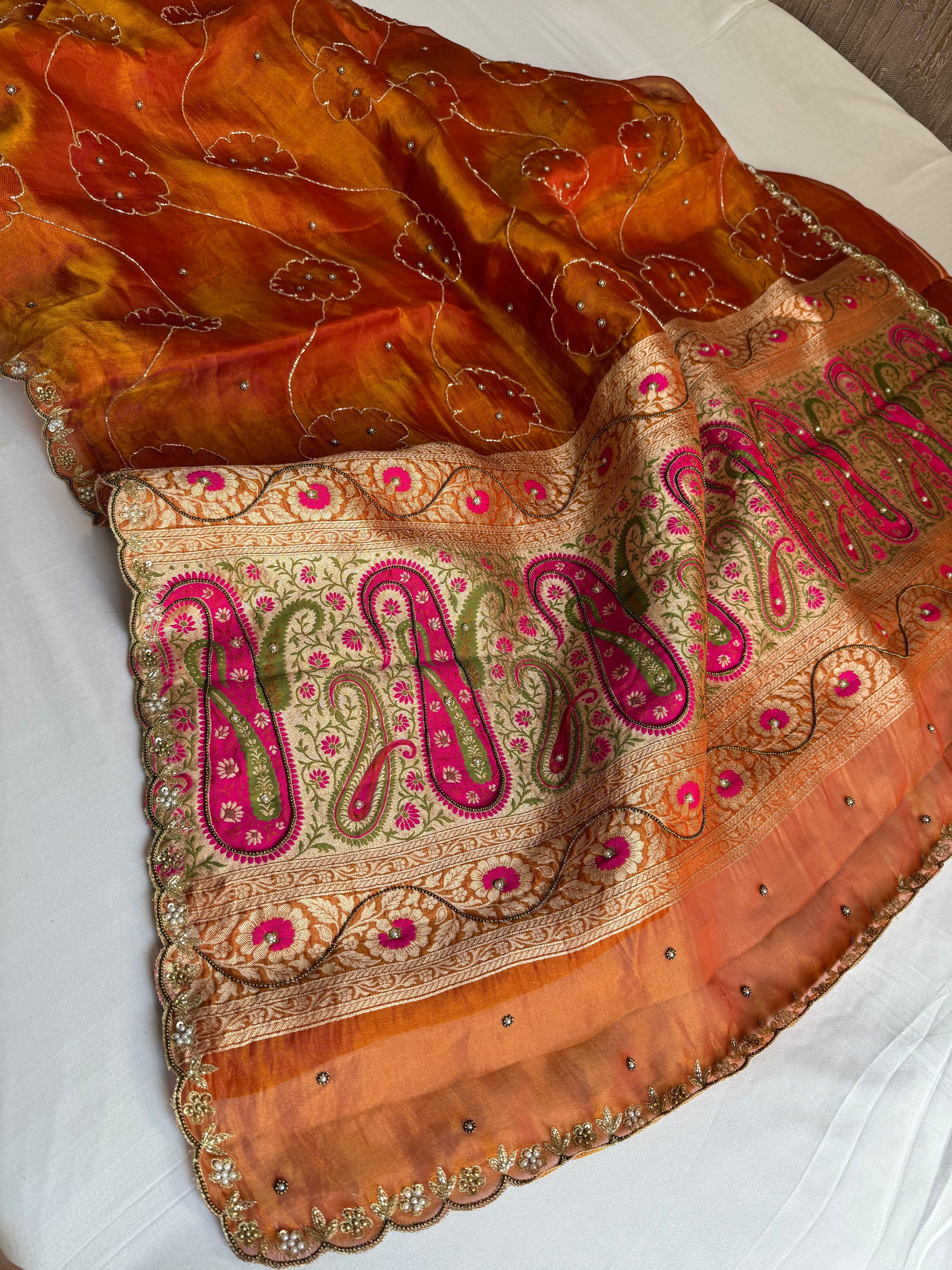 Fanta orange tissue tanchoi meenakari jamevar pallu hand embroidered saree