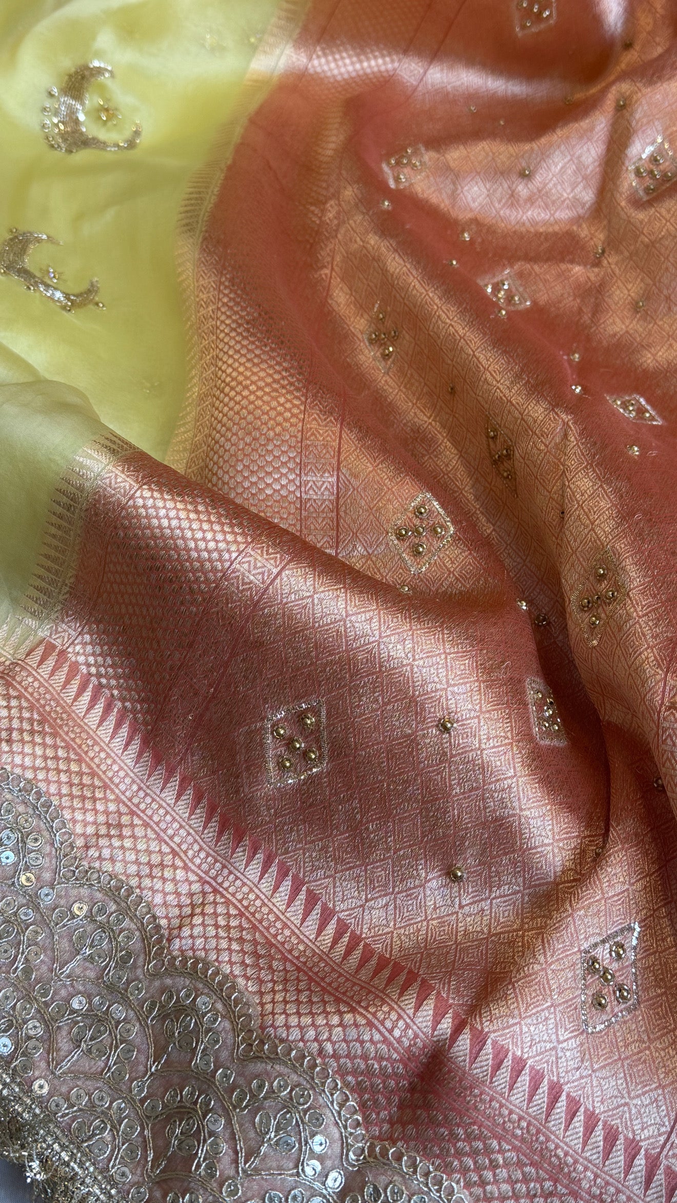 Sufi night edit - Lime yellow - peach kora silk banarasi chandtara buta hand embroidered kadhwa saree