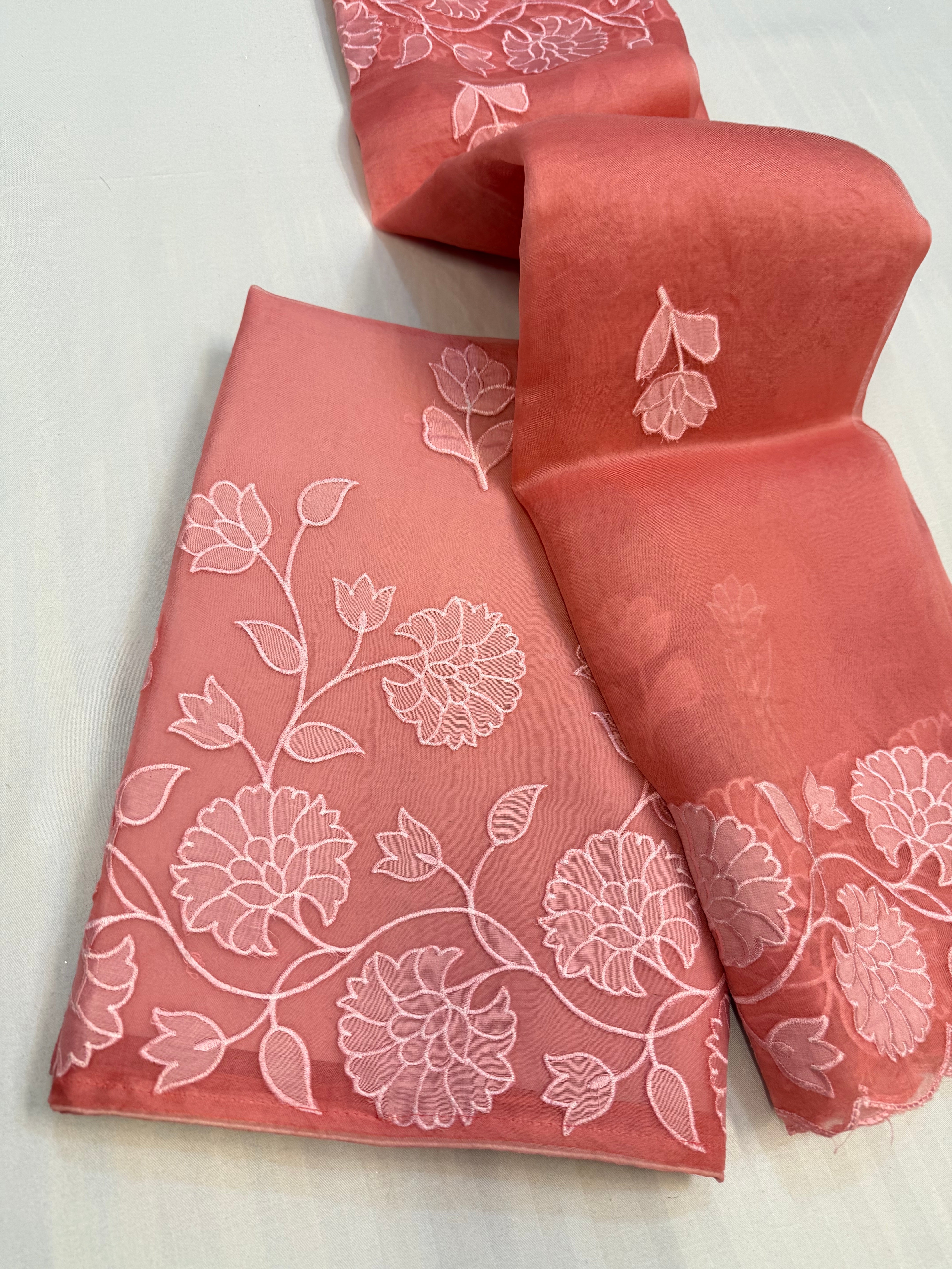 Kora silk appliqué work hand embroidered kadhwa suit set