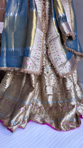 Blueish gold tissue silk kali wale lehenga