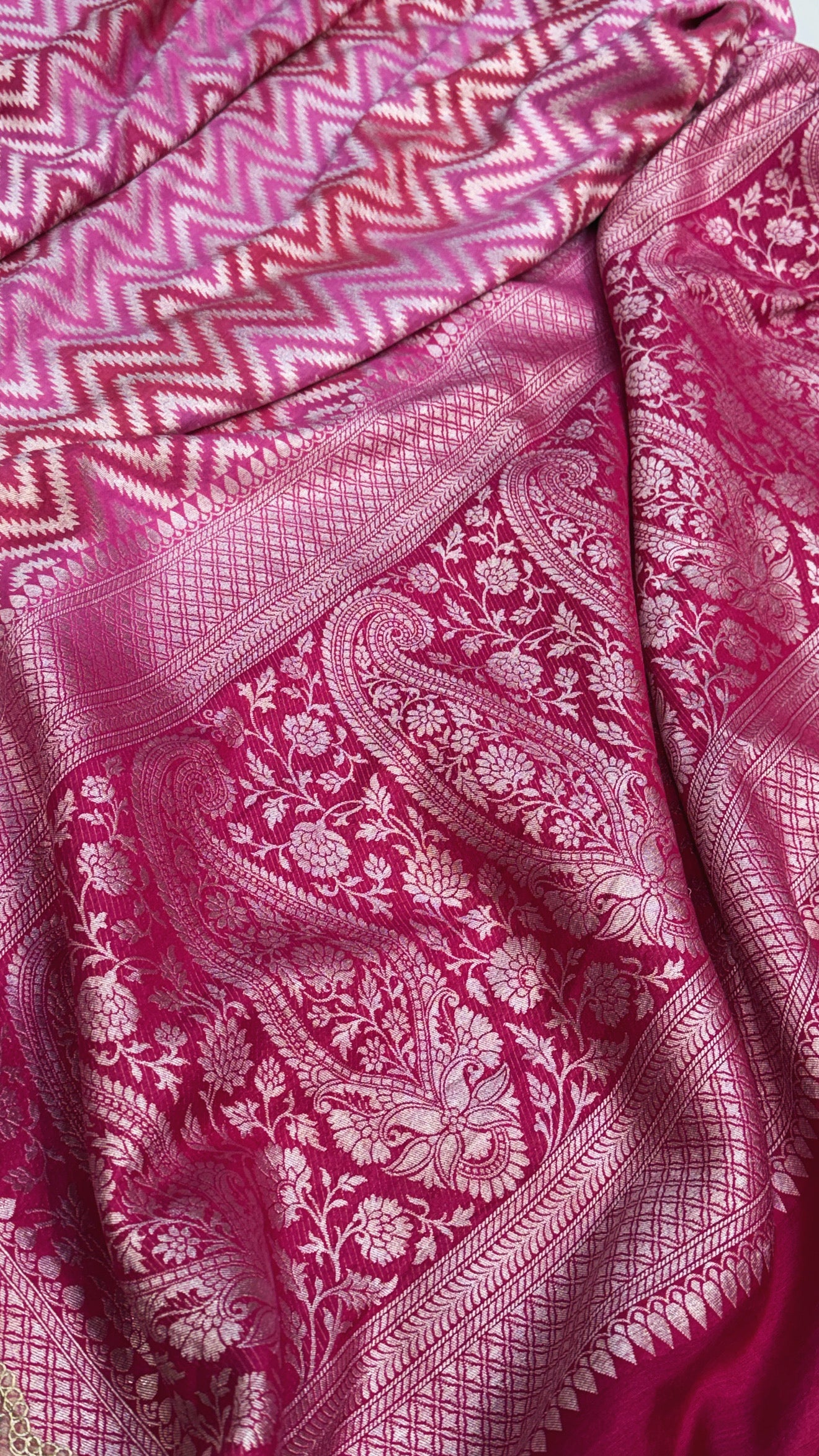 Rangaat dye hot pink moonga silk silver zari chevron weaving kadhwa saree