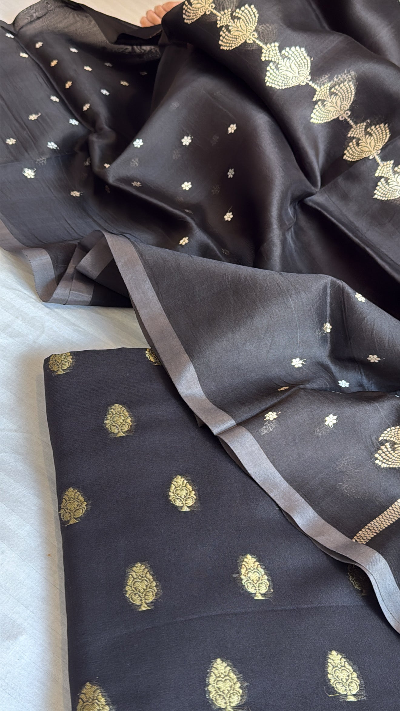 Charcoal black banarasi moonga silk kadhwa suit set