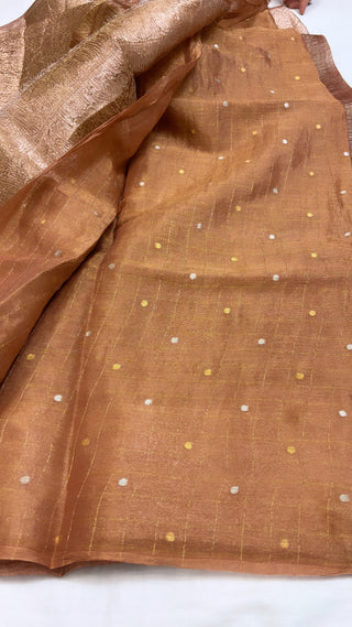 Pure banarasi mud brown crushed tissue silk handwoven kadhwa saree with intricate border and kadhwa blouse