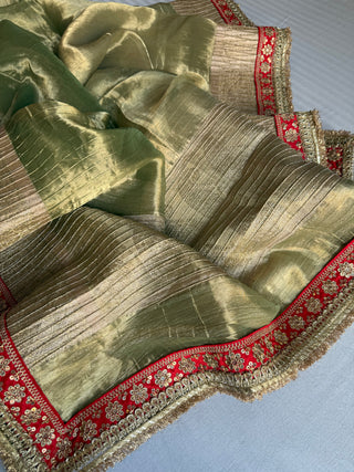 Mint green pleated maharani tissue silk kadhwa saree