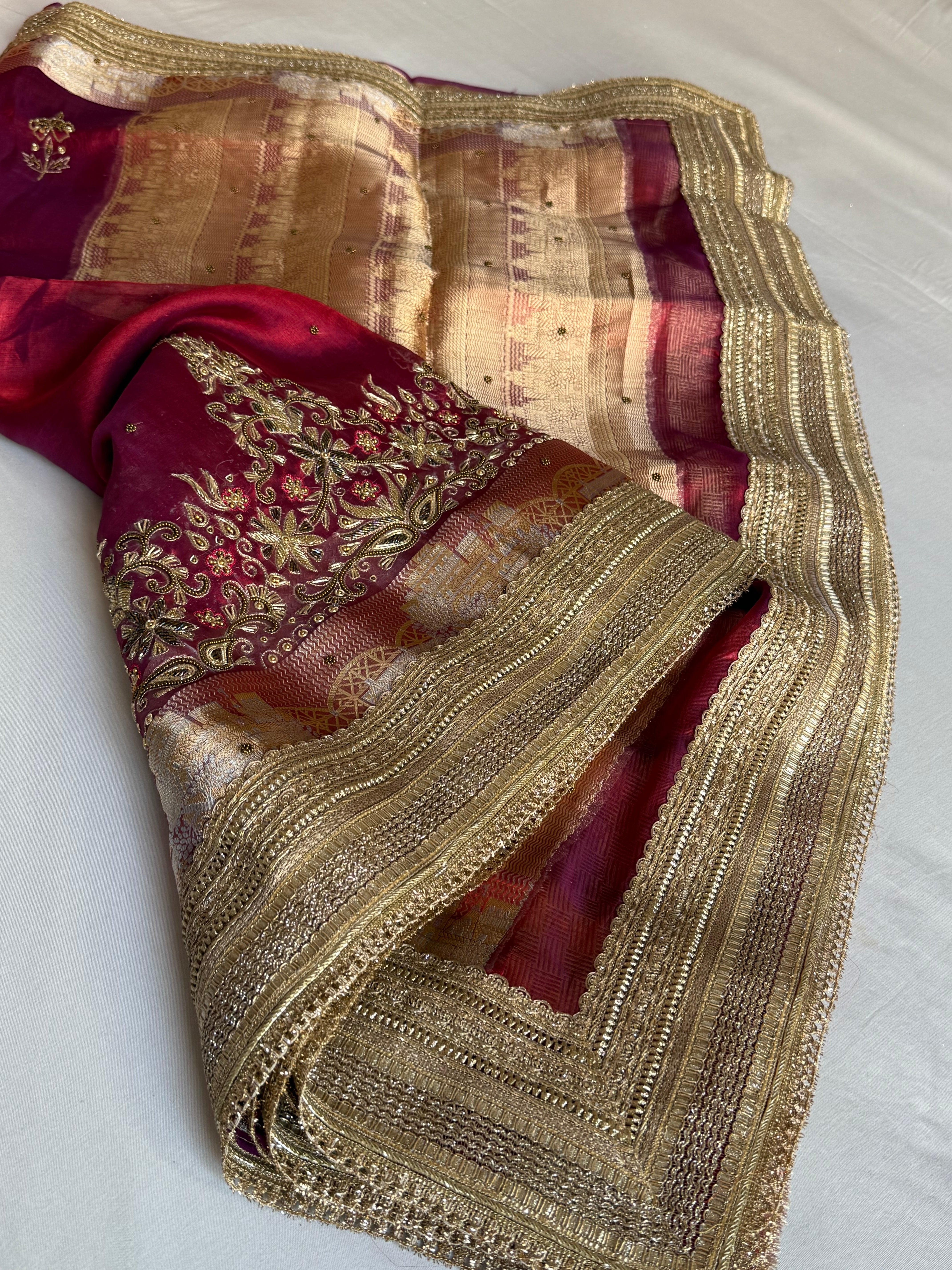 Mughal motif inspired - Metallic dhup chao red tissue silk hand embroidered husn saree