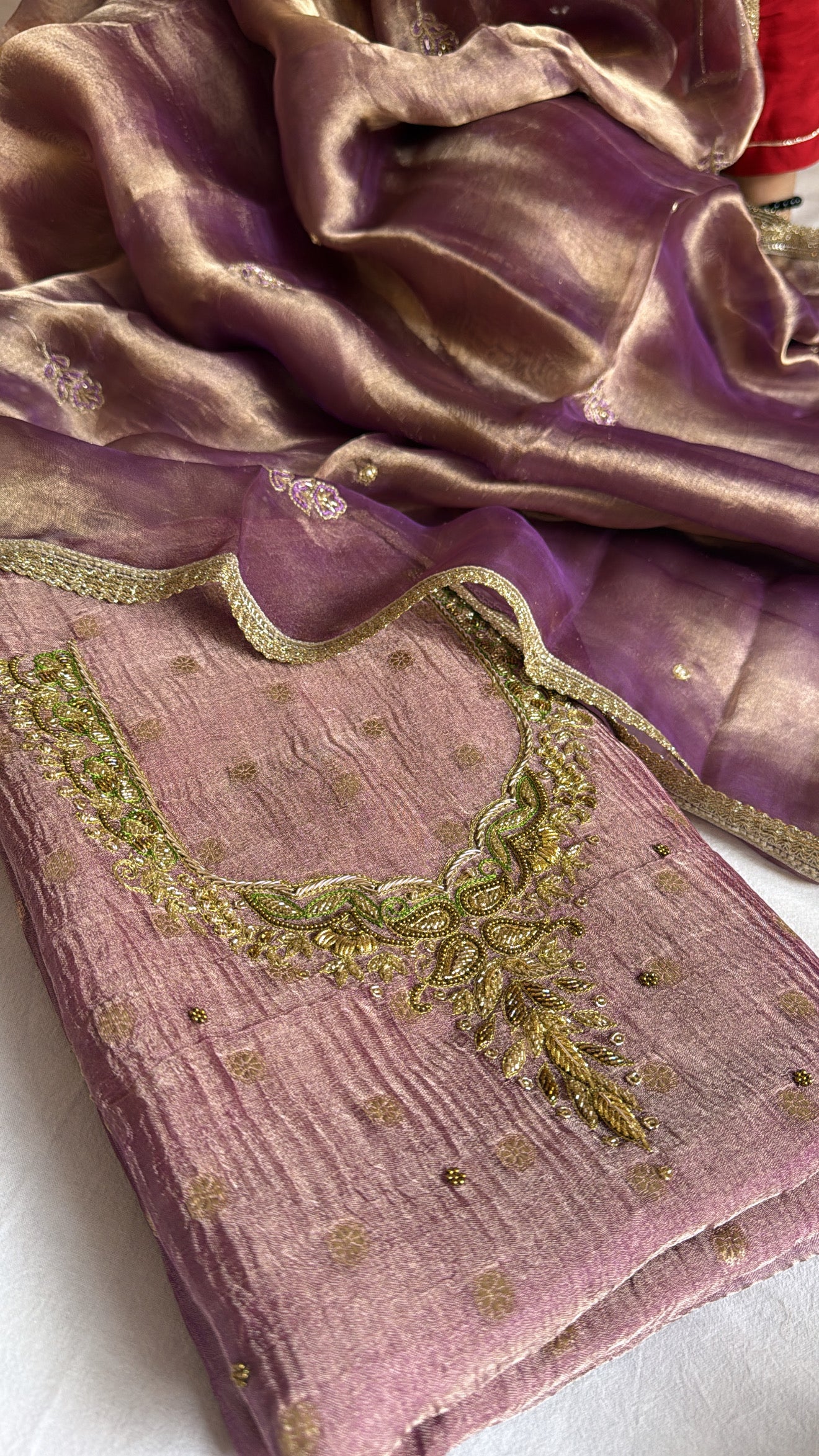 Dusty lilac tissue silk hand embroidered heeramandi kadhwa suit set